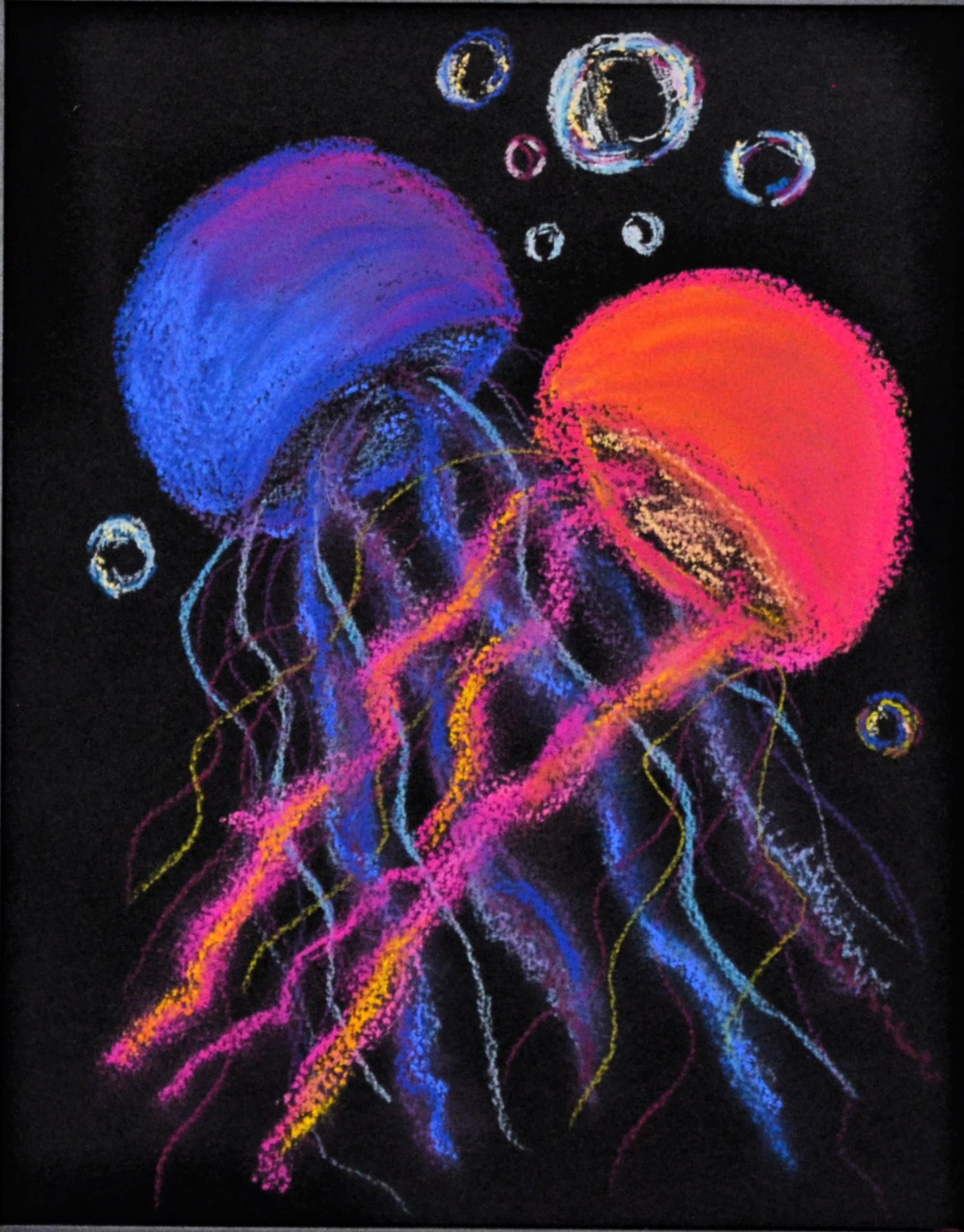 Hand drawn pastel art of jellyfish in blue and pink on a black watercolor paper background.