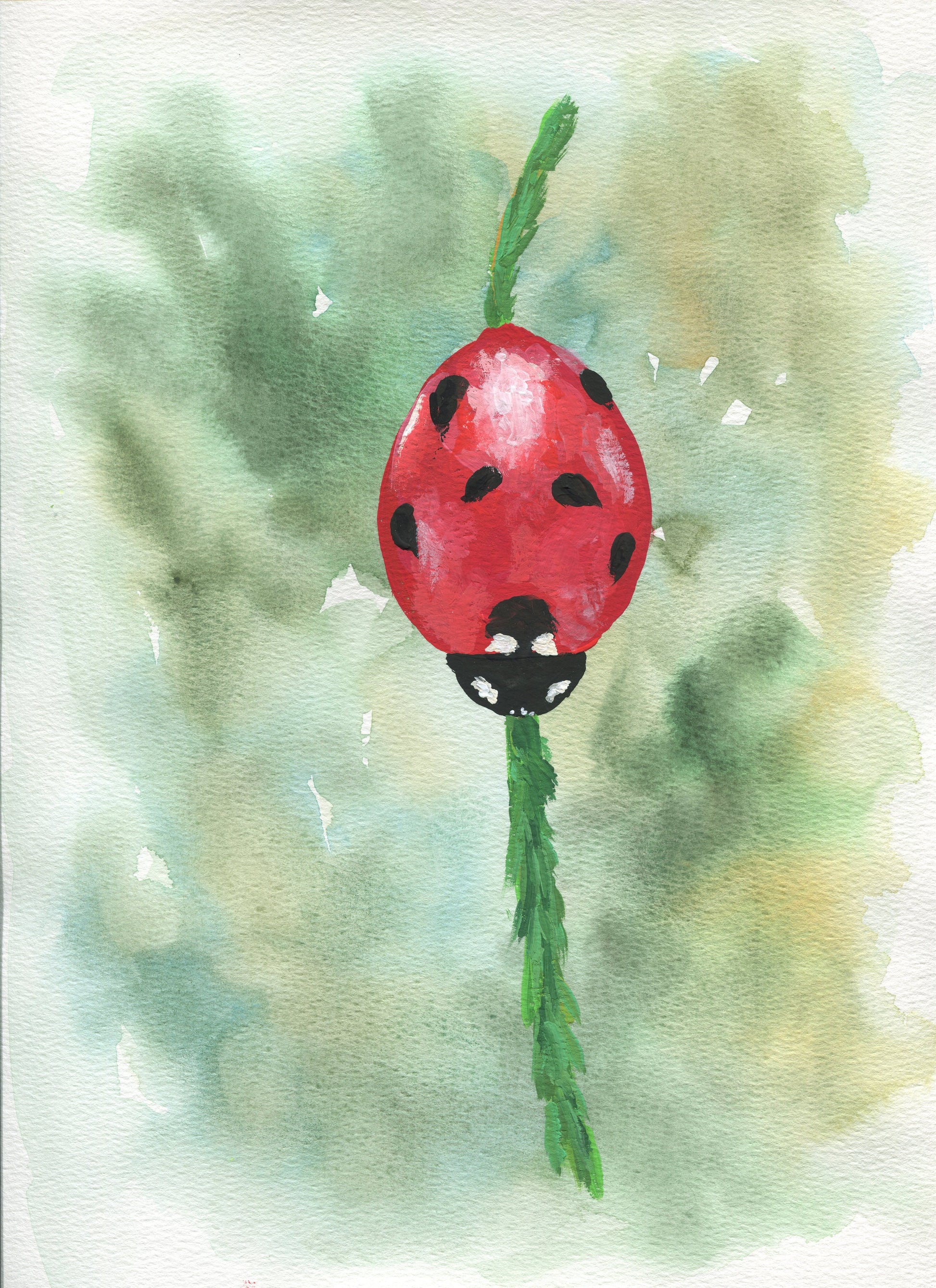 A hand painted watercolor painting of a red ladybug on a green branch, with a blurred green background.