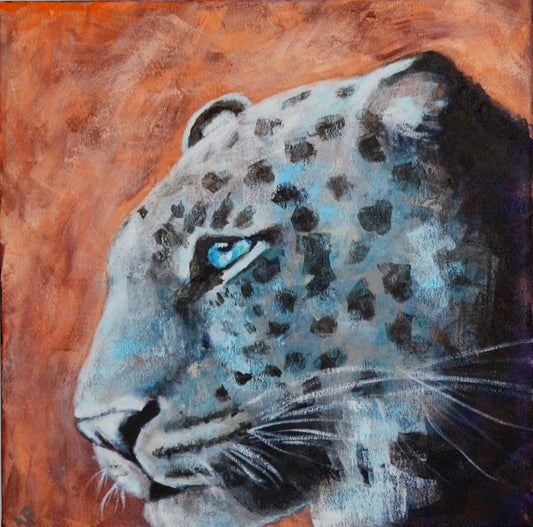 Hand painted acrylic painting on canvas featuring a leopard's spotted face with a vibrant color palette and textured background.
