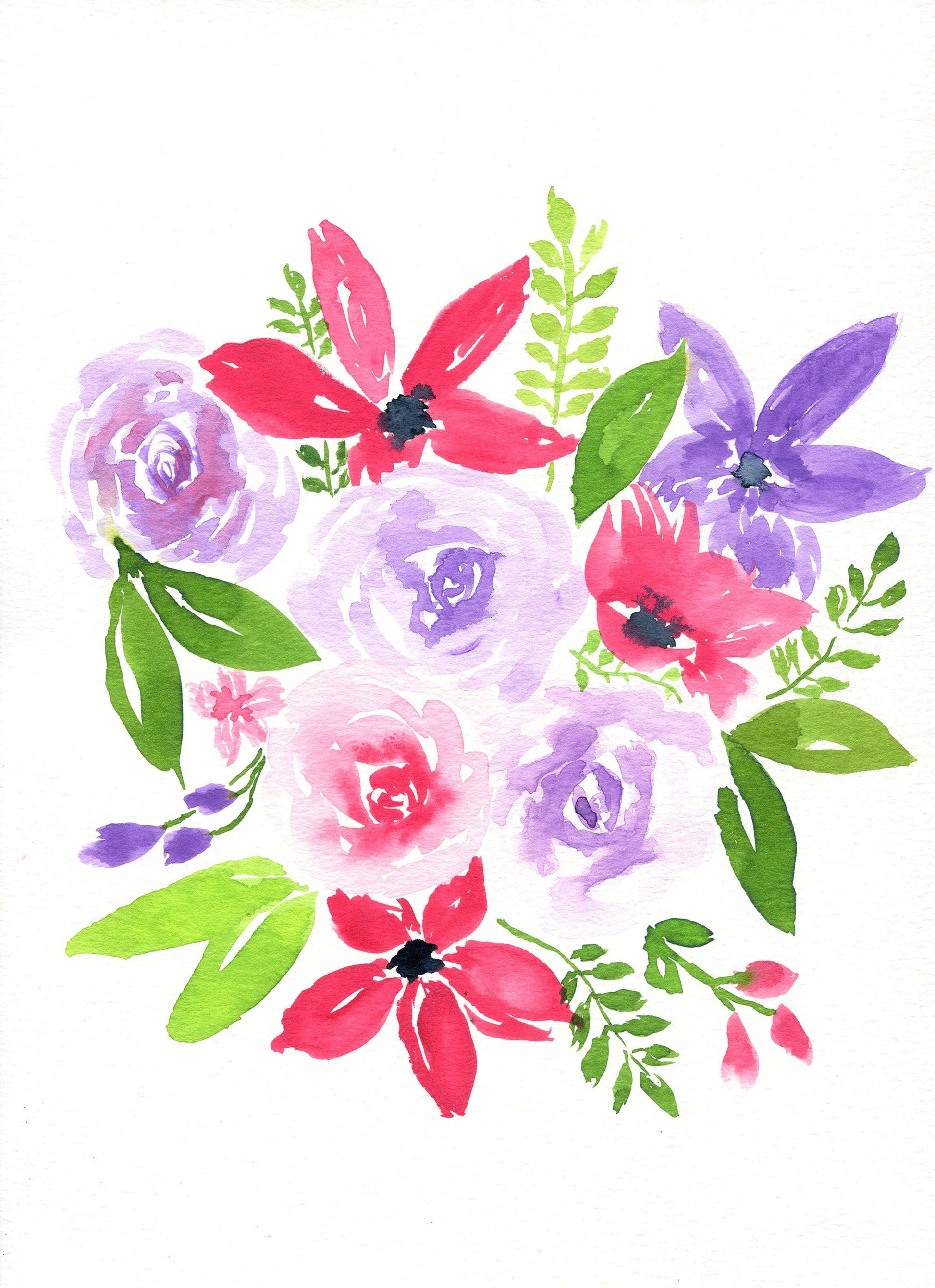 Watercolor painting of pink roses and lilacs with green leaves on a white background.