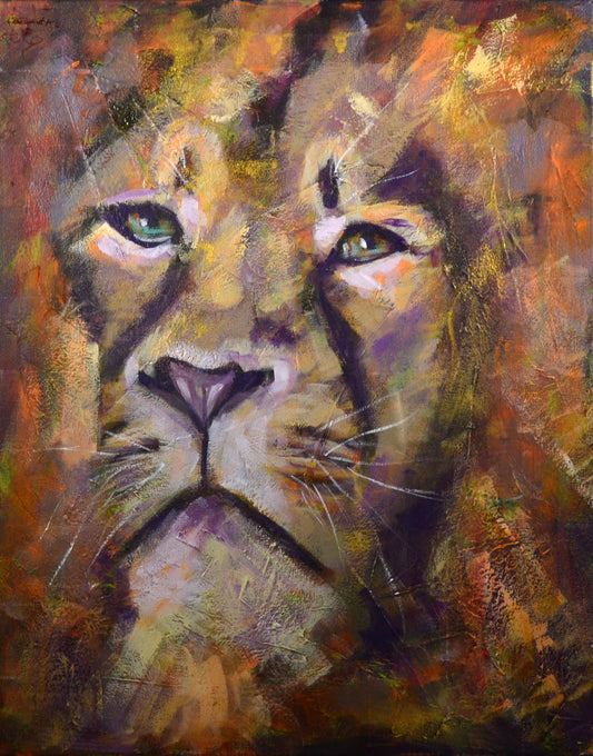 Hand painted original acrylic painting on canvas depicting a lion's face with an abstracted mane.