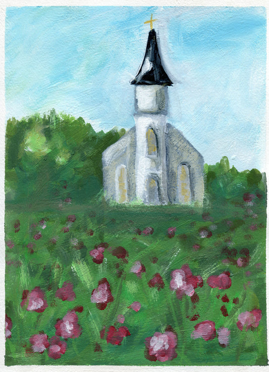 Hand painted acrylic painting on paper featuring a small white church with a black steeple, surrounded by a field of red flowers.