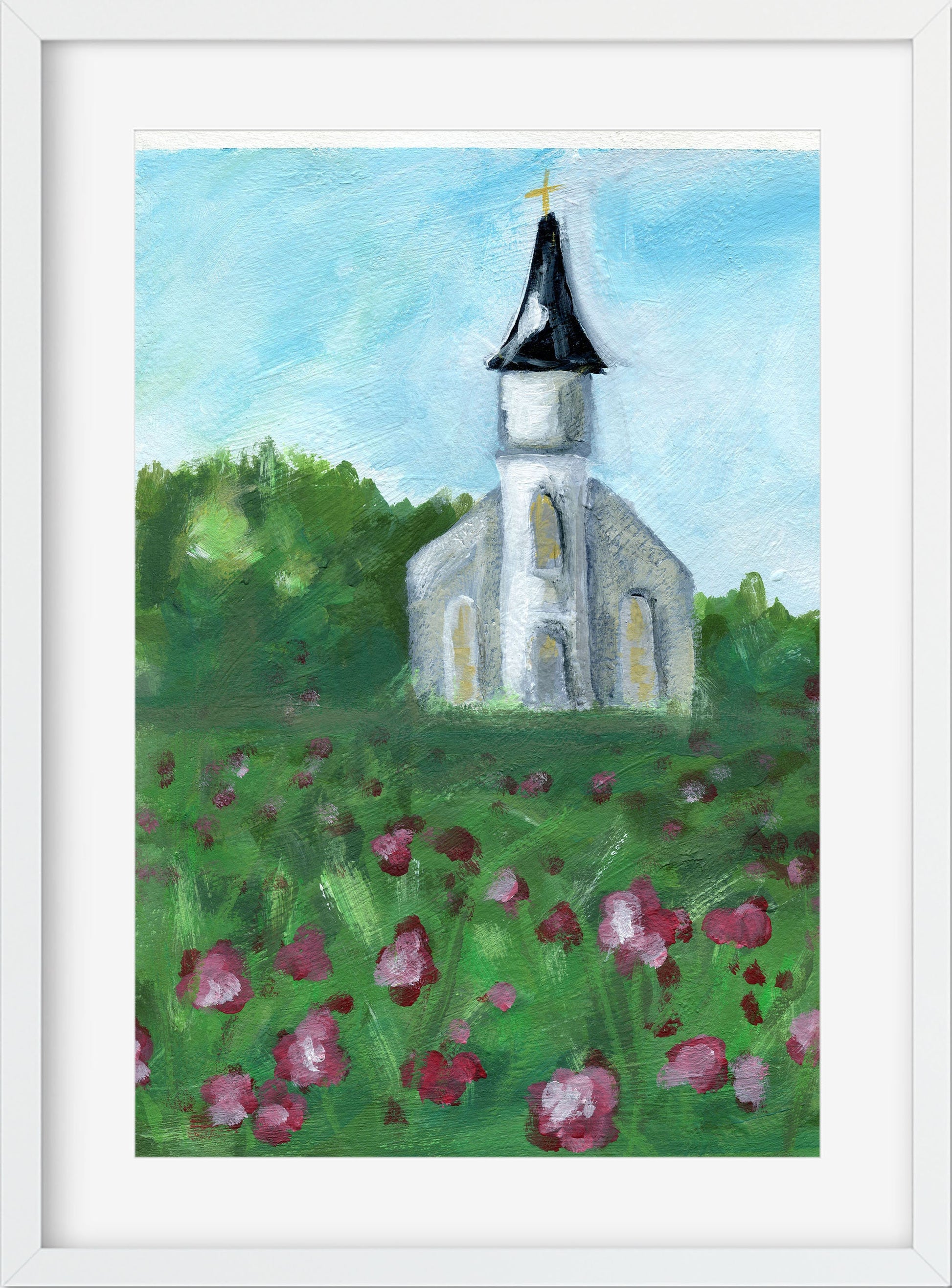 Little white church and flower field acrylic painting on paper