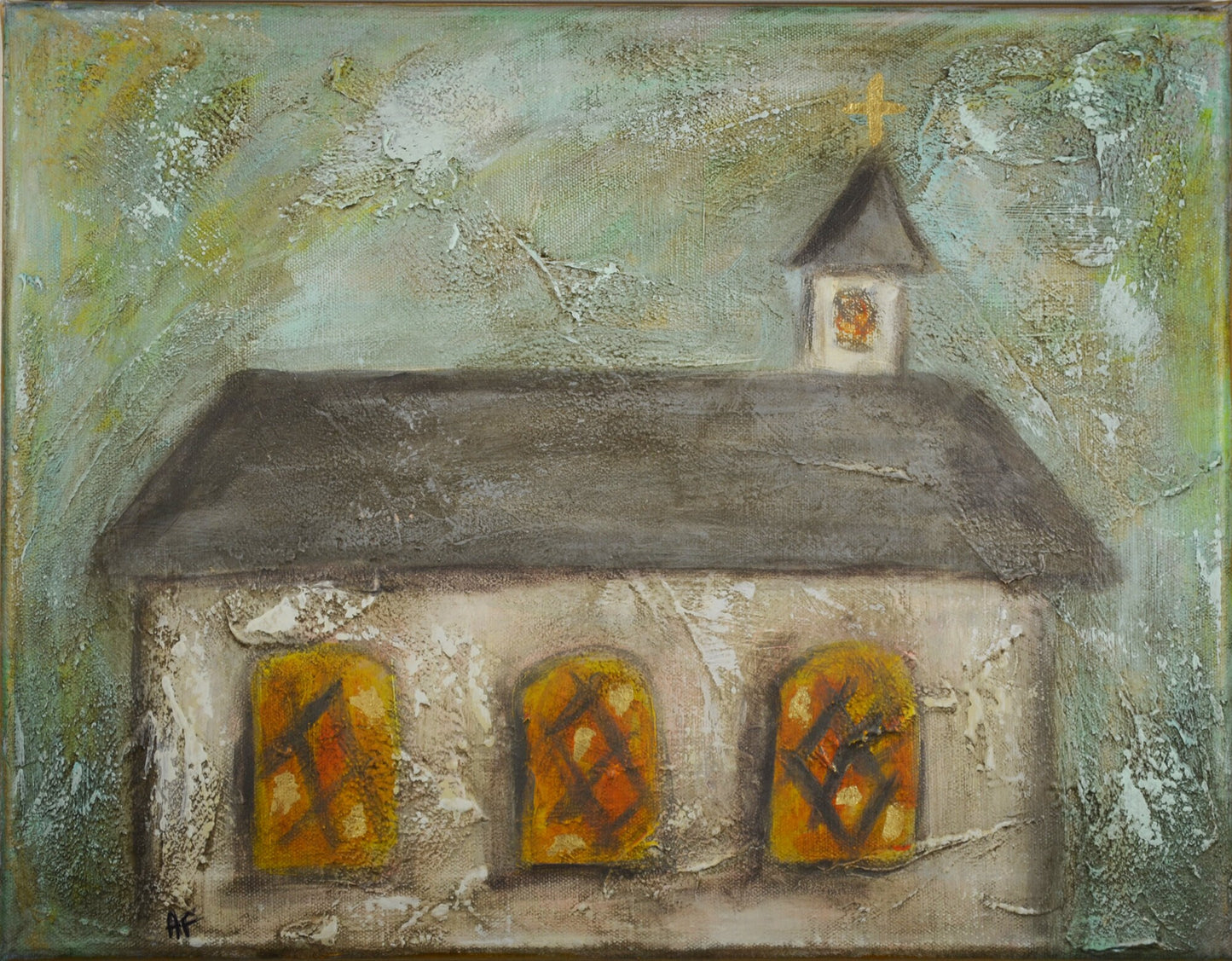 Little white church painting on canvas