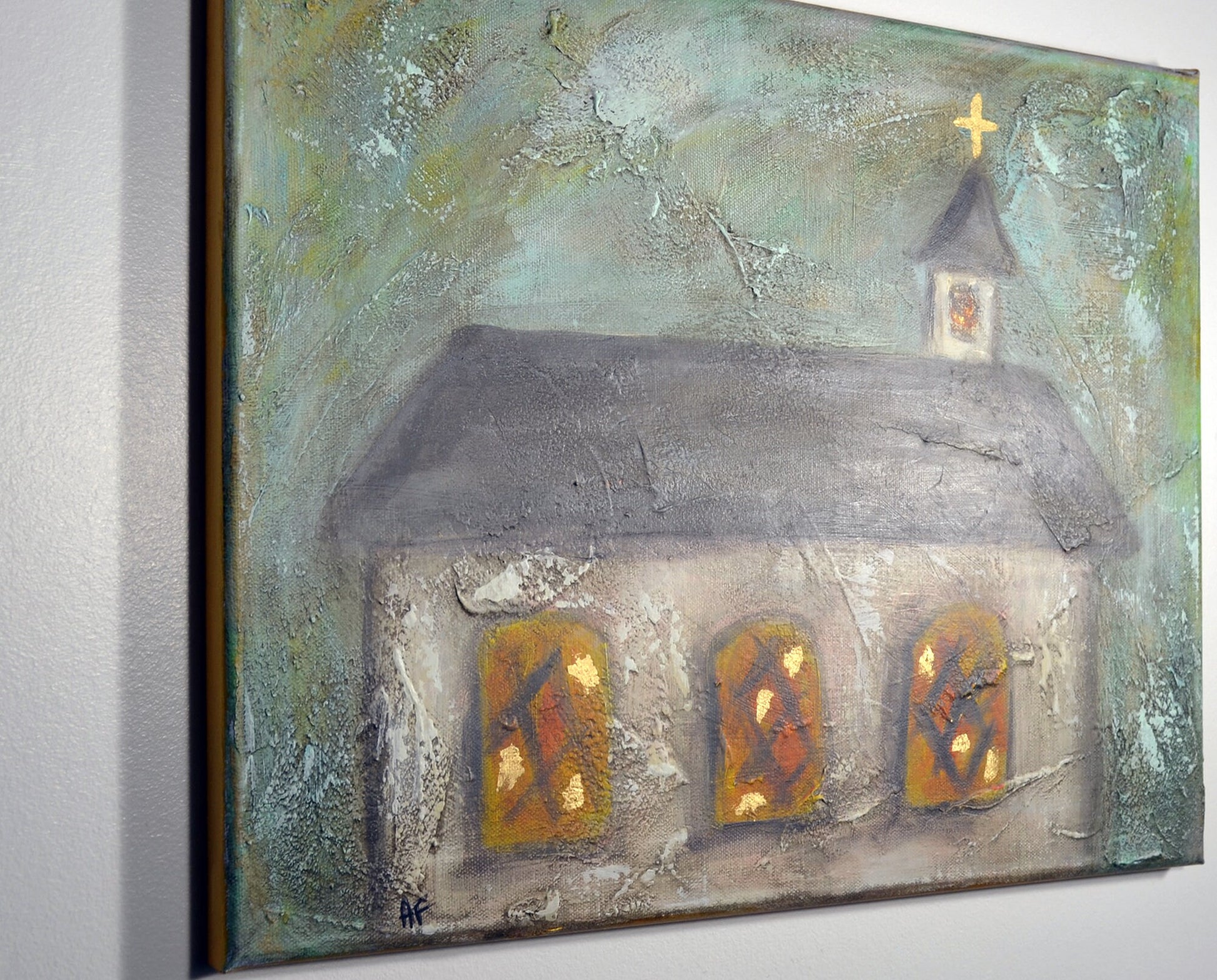 Little white church painting on canvas