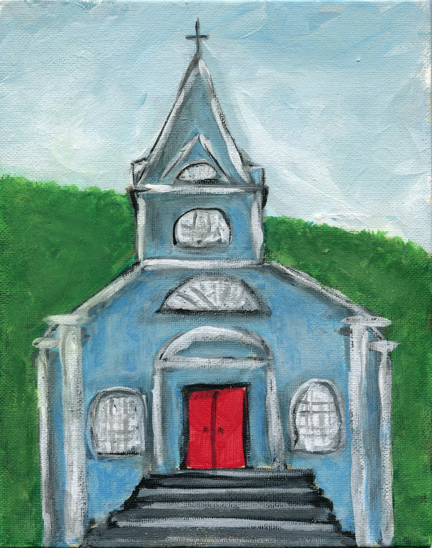 Little white country church painting on canvas board with a blue steeple, red door, and greenery in the background.