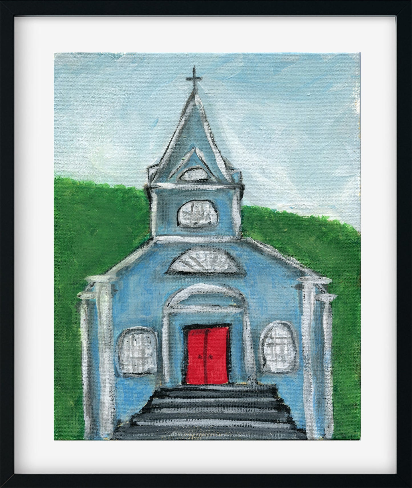 Little white church painting on canvas board 