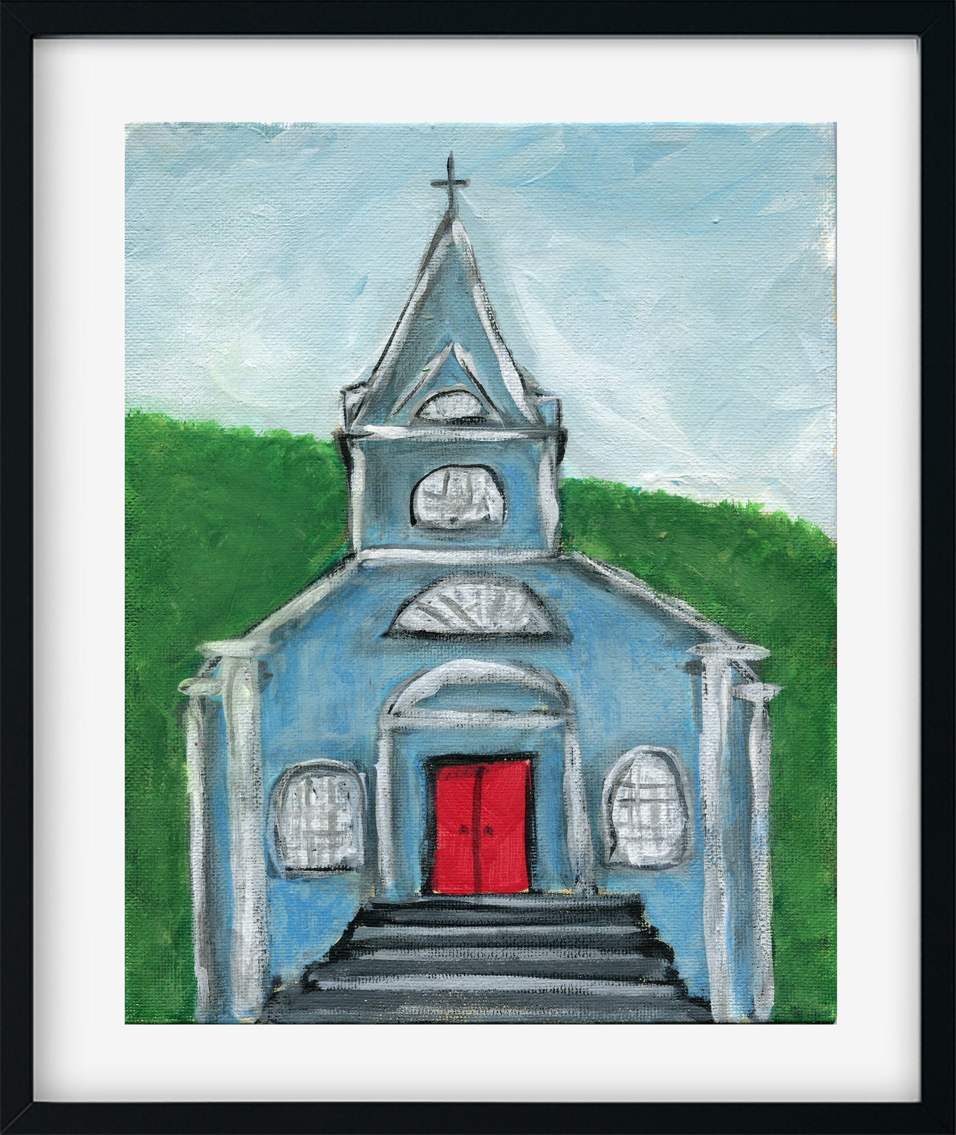 Little white church painting on canvas board 