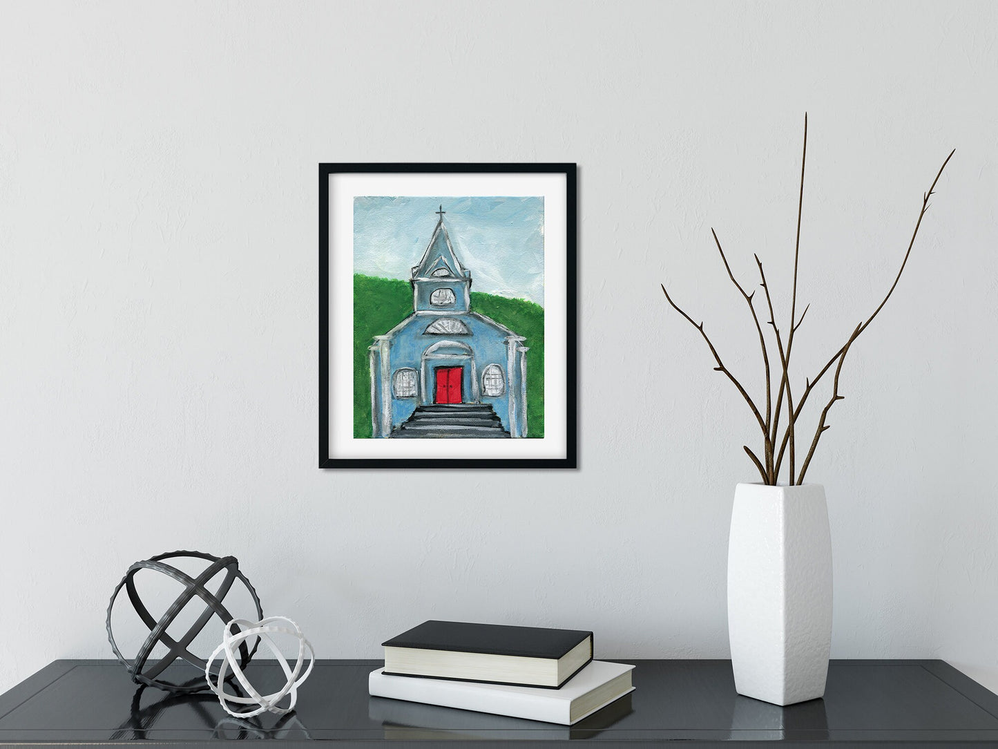 Little white church painting on canvas board 