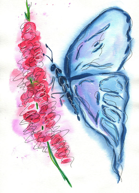 Loose blue butterfly landing on flowers watercolor painting 9x12 - carved effects