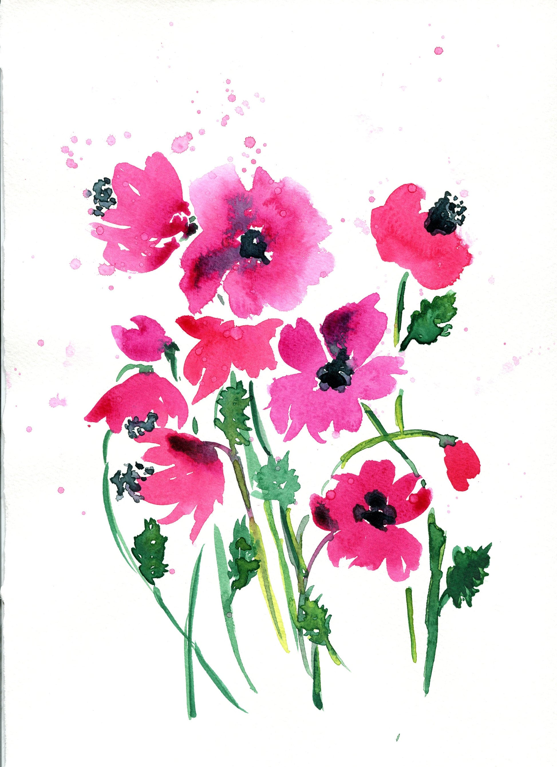 A watercolor painting of vibrant pink poppies with green leaves on a white background, original artwork not a print.