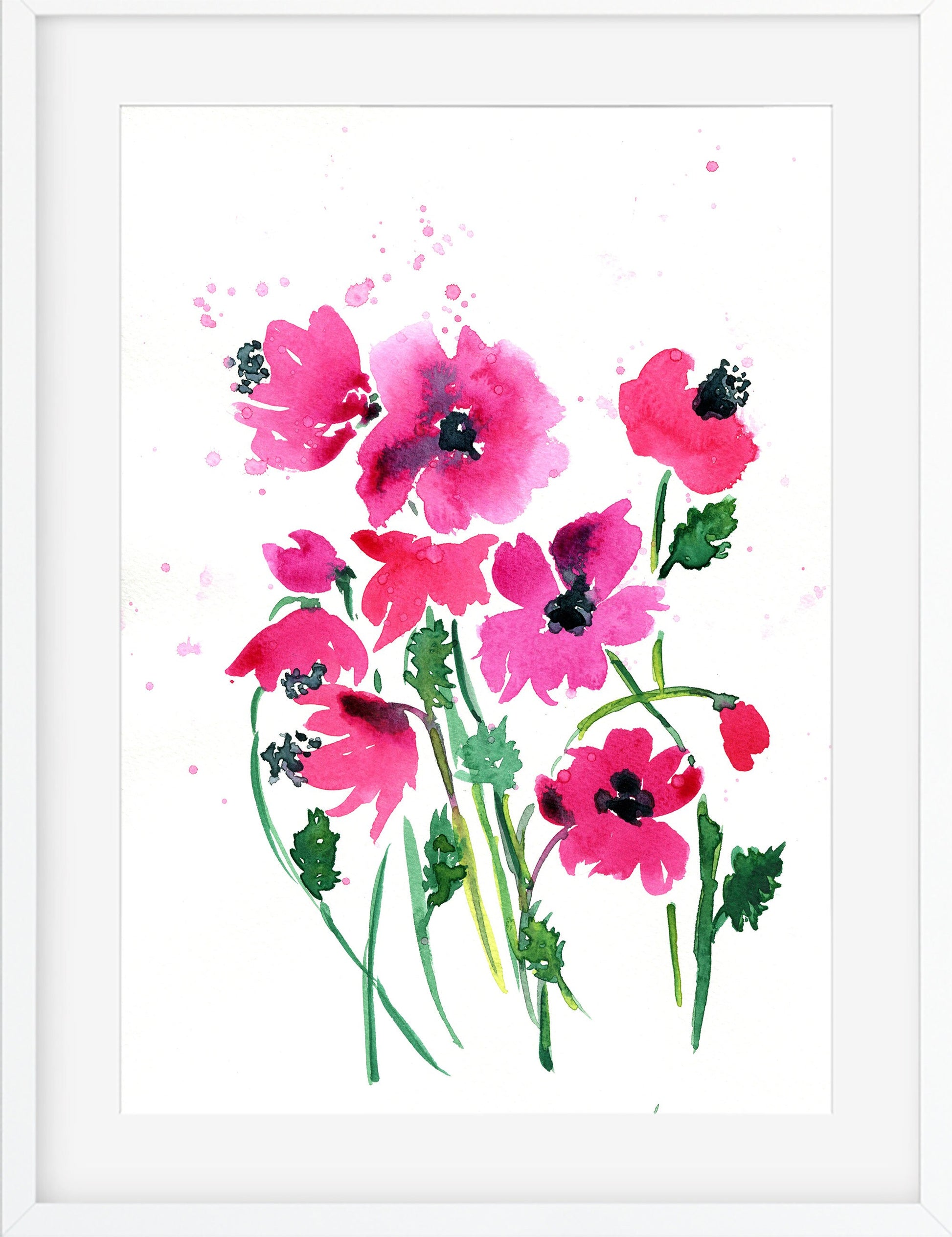 Loose pink poppies watercolor painting