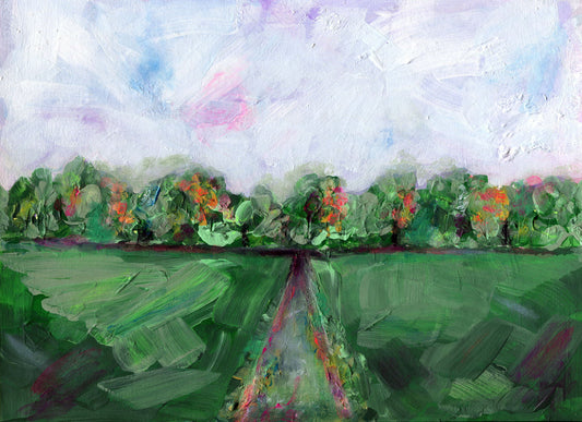 An original acrylic painting depicting a green field and path with trees in the background, indicating a landscape theme.
