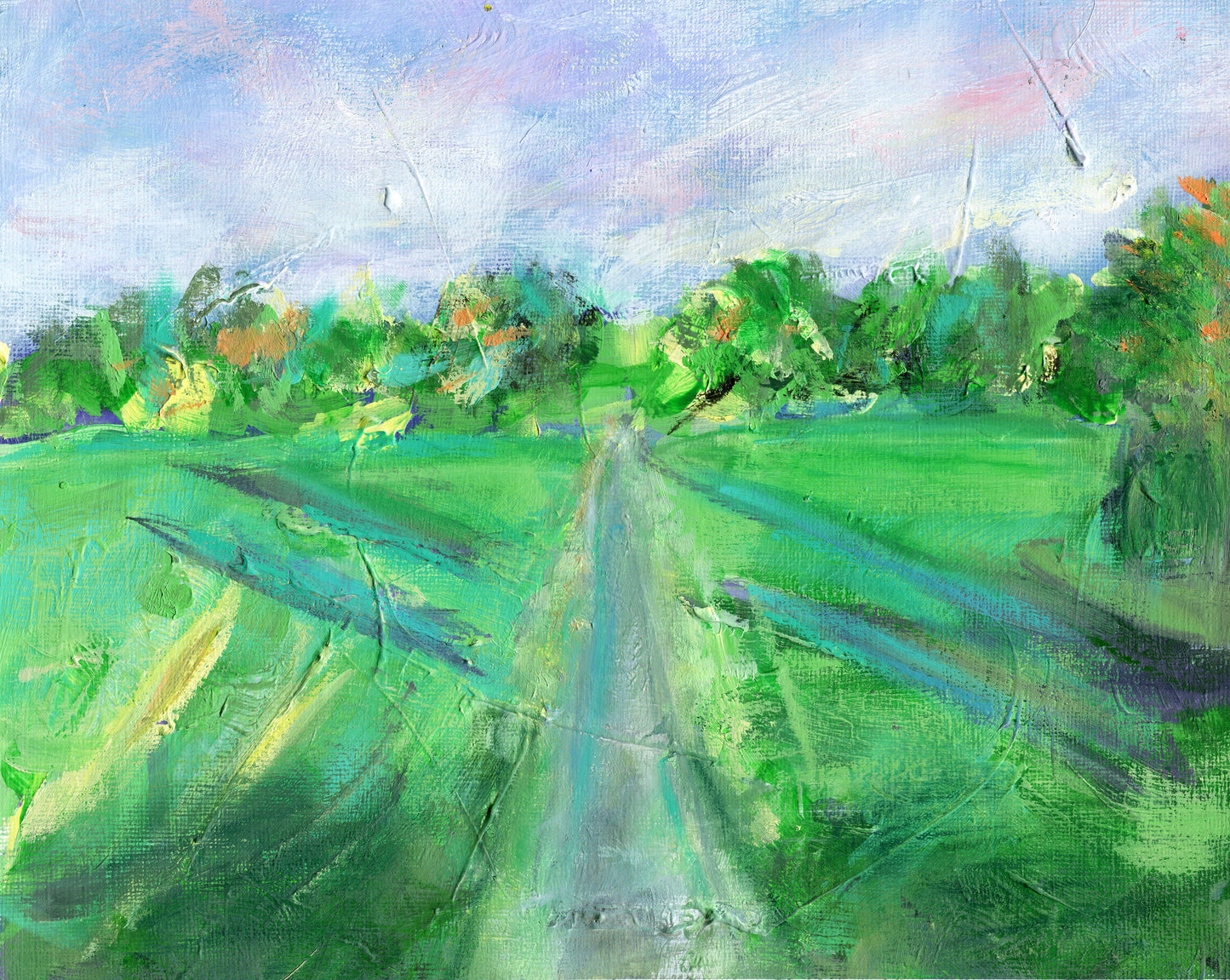 An original acrylic painting depicting a lush green landscape with a pathway and trees in the background, 8x10 in size, unframed.