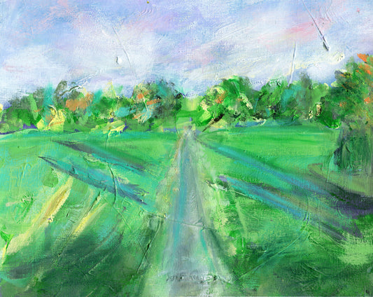 An original acrylic painting depicting a lush green landscape with a pathway and trees in the background, 8x10 in size, unframed.