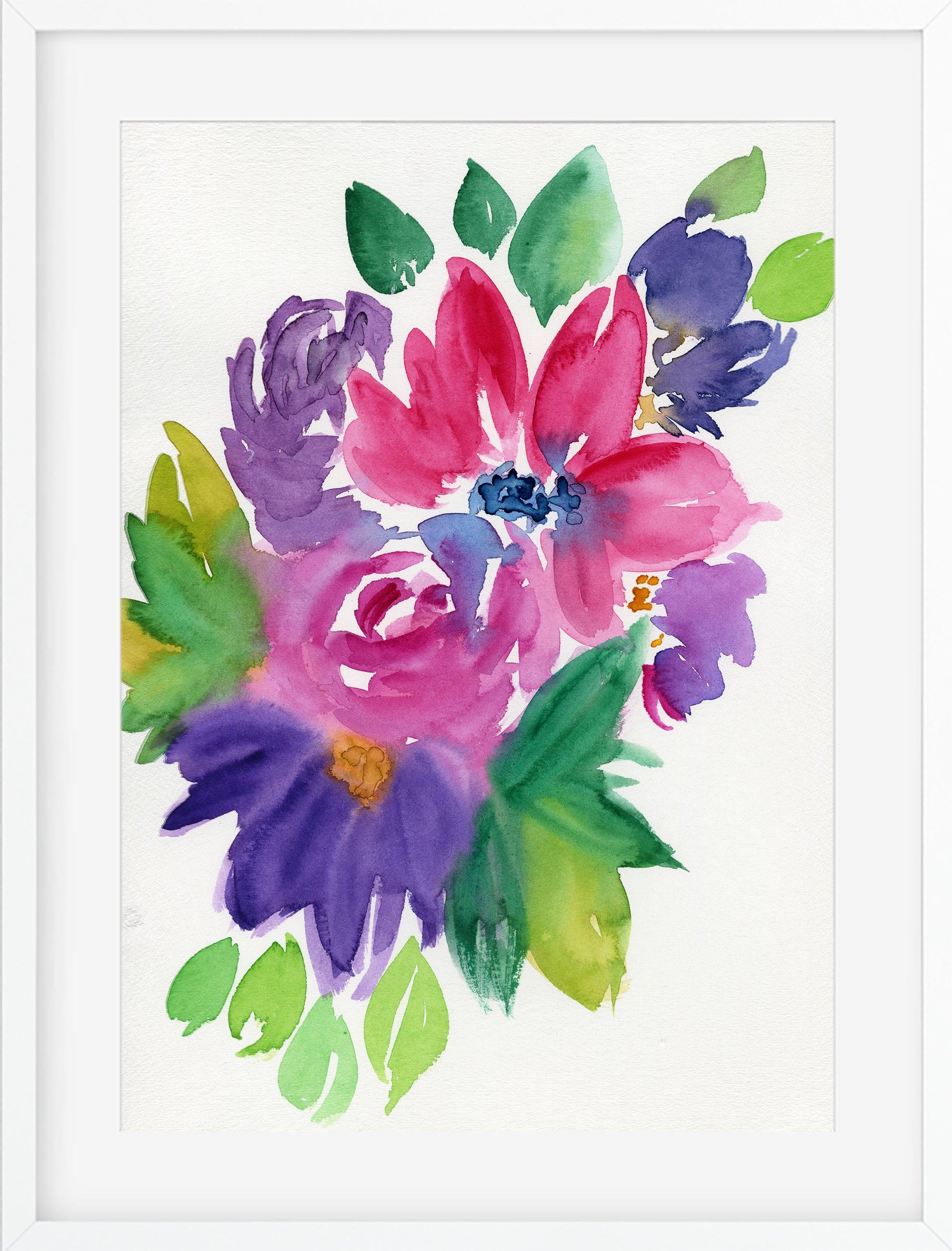Magenta and purple flowers original hand painted watercolor painting 8x10, floral bouquet art, flower bouquet watercolor artwork