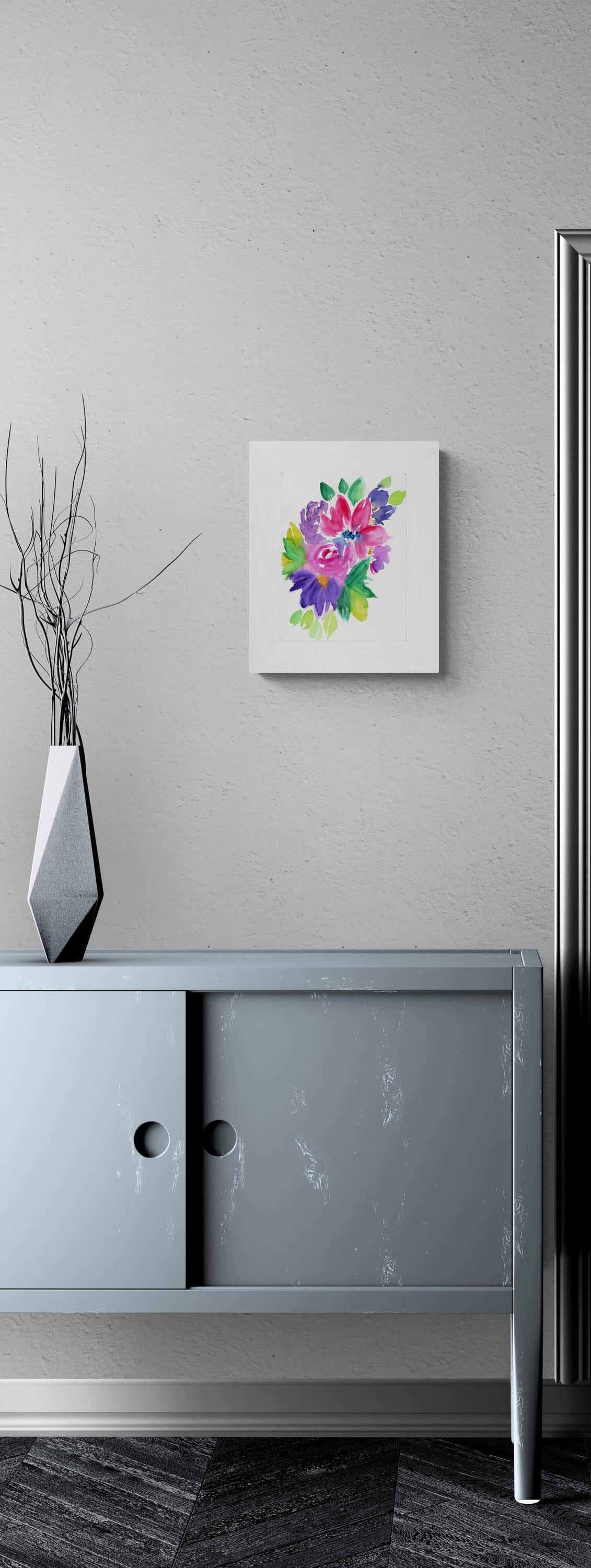 Magenta and purple flowers original hand painted watercolor painting 8x10, floral bouquet art, flower bouquet watercolor artwork