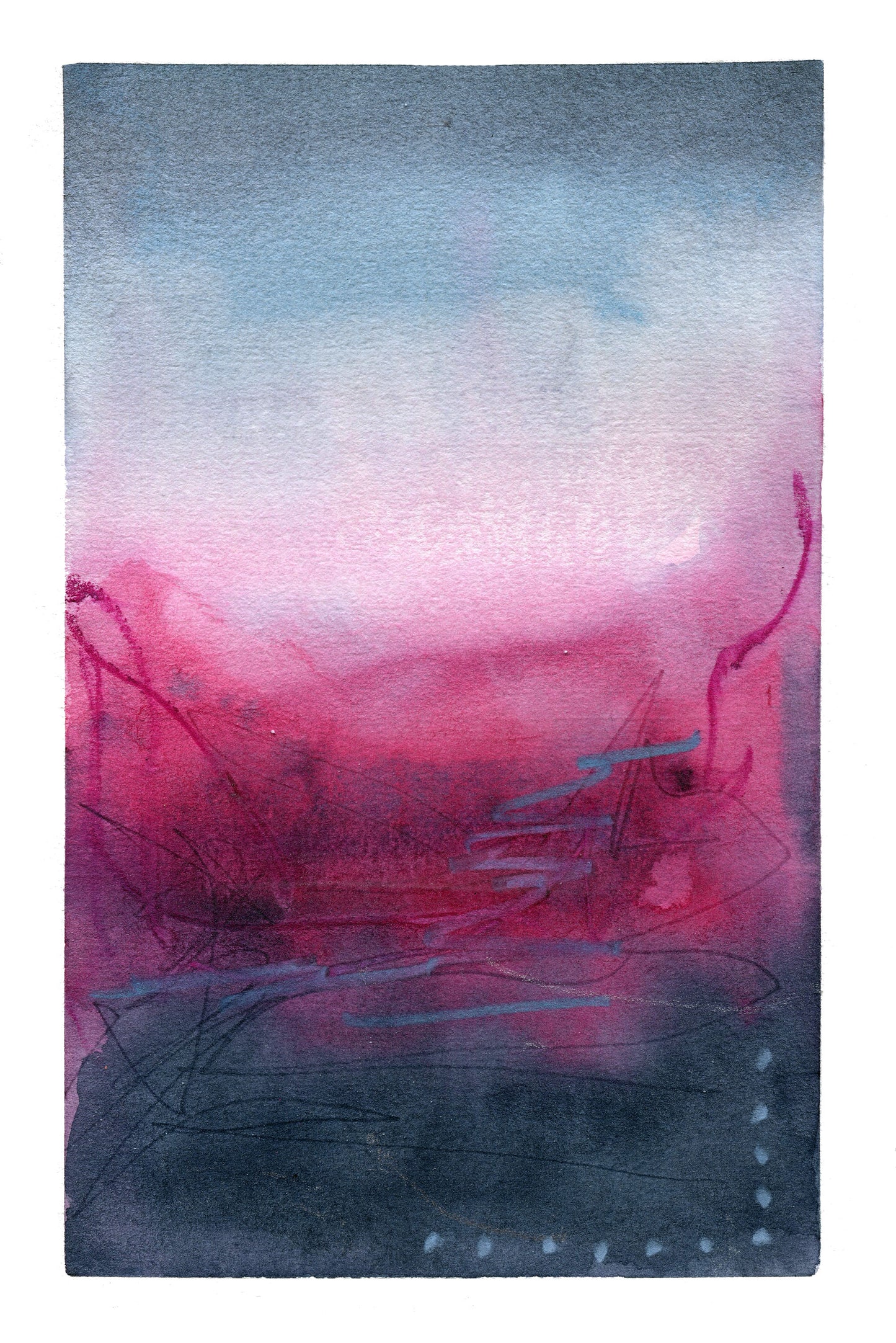 Abstract art piece with pink, blue, and purple hues on a white background