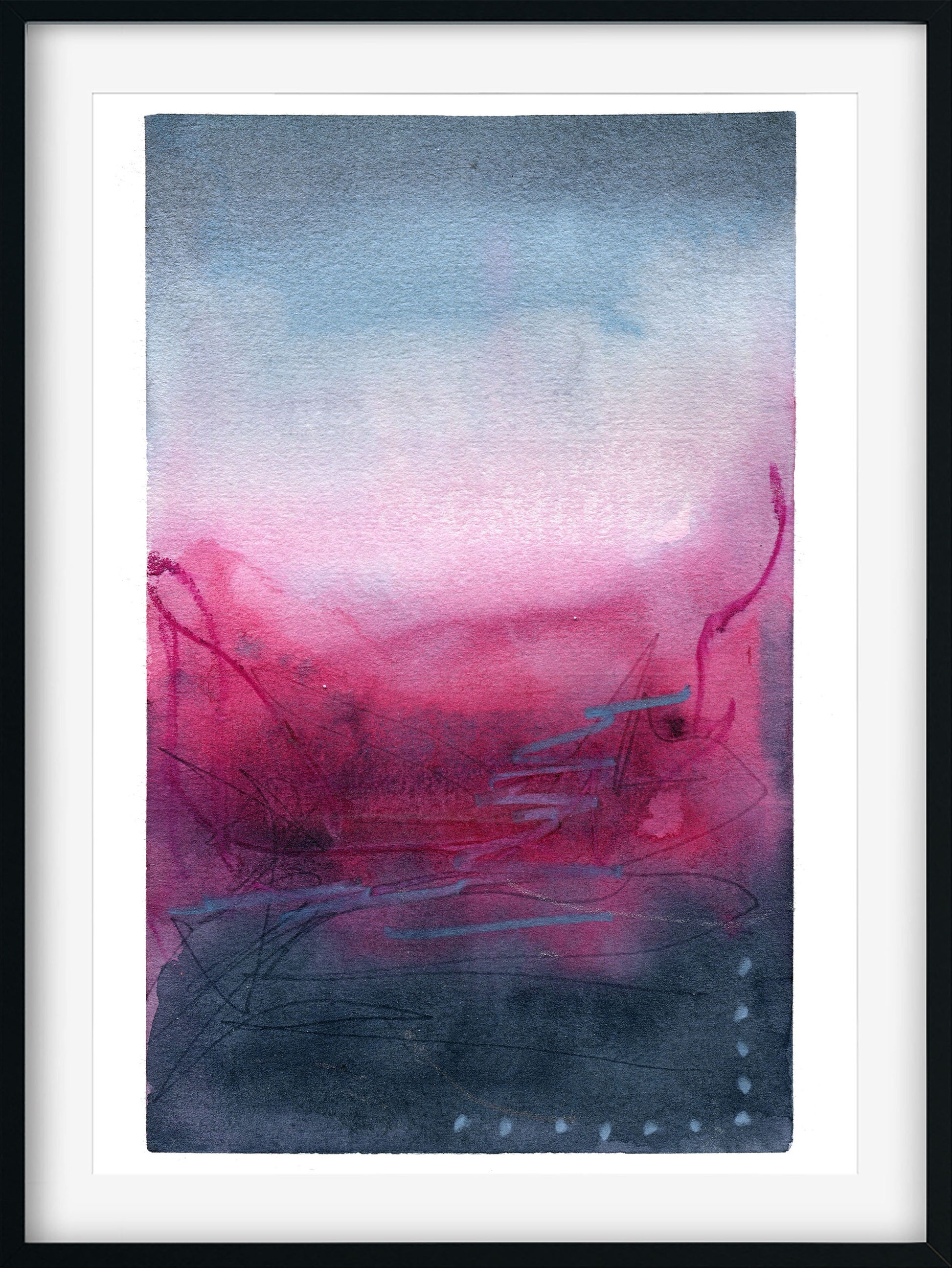 Abstract artwork with pink, blue, and purple hues in a white frame.