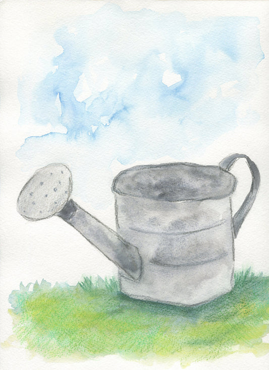 Metal garden watering can watercolor painting 9x12 - carved effects