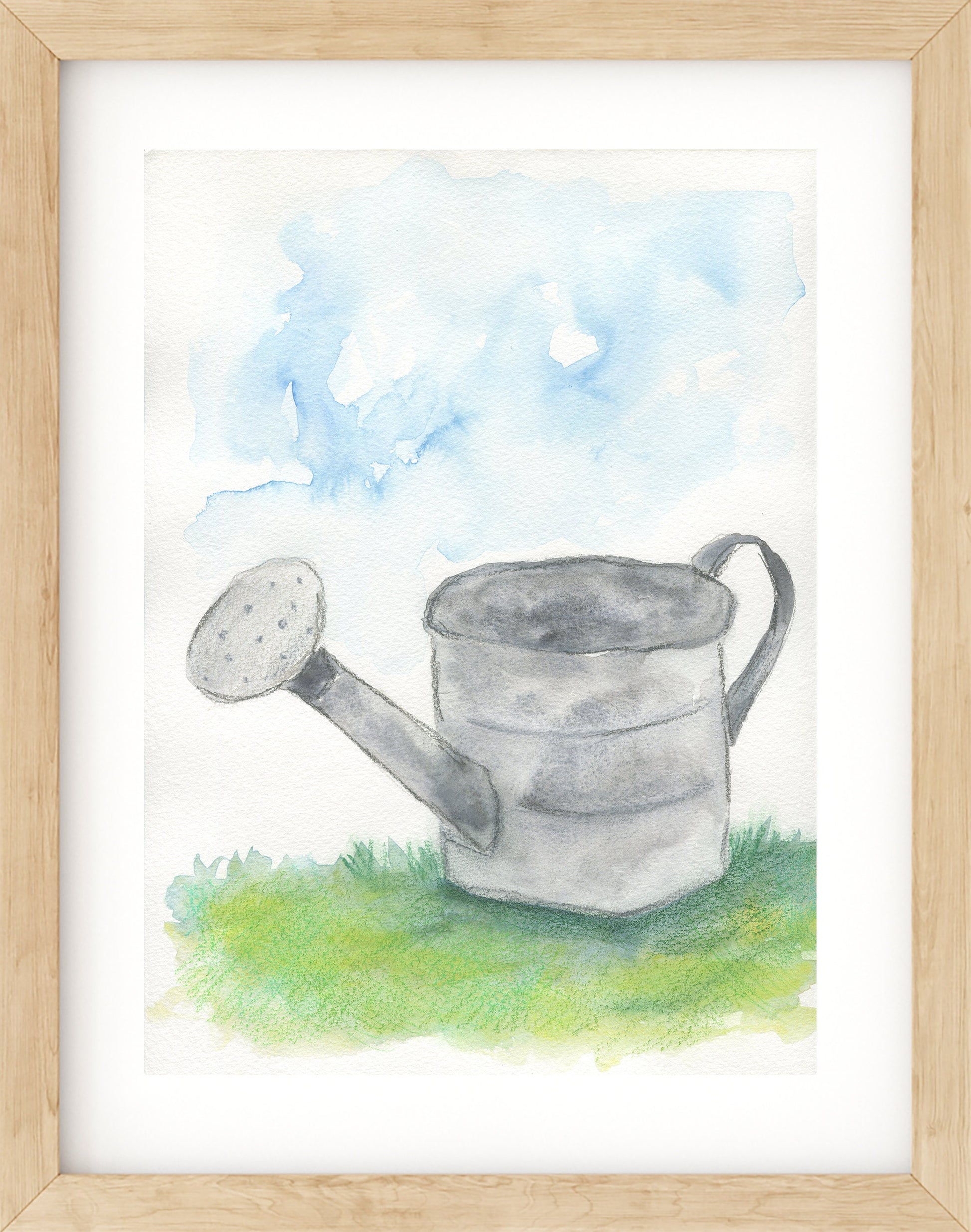 Metal garden watering can watercolor painting 9x12 - carved effects