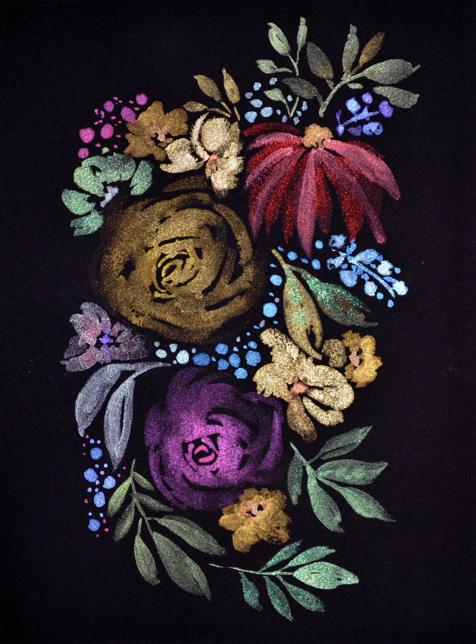 A metallic watercolor painting featuring various flowers in shades of purple, brown, and green on a black background, original artwork size 9x12 inches.