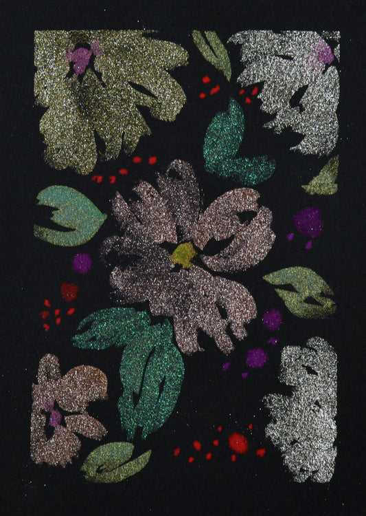 Original hand painted watercolor painting of neon and metallic flowers on black paper, 5x7 size, without a frame.