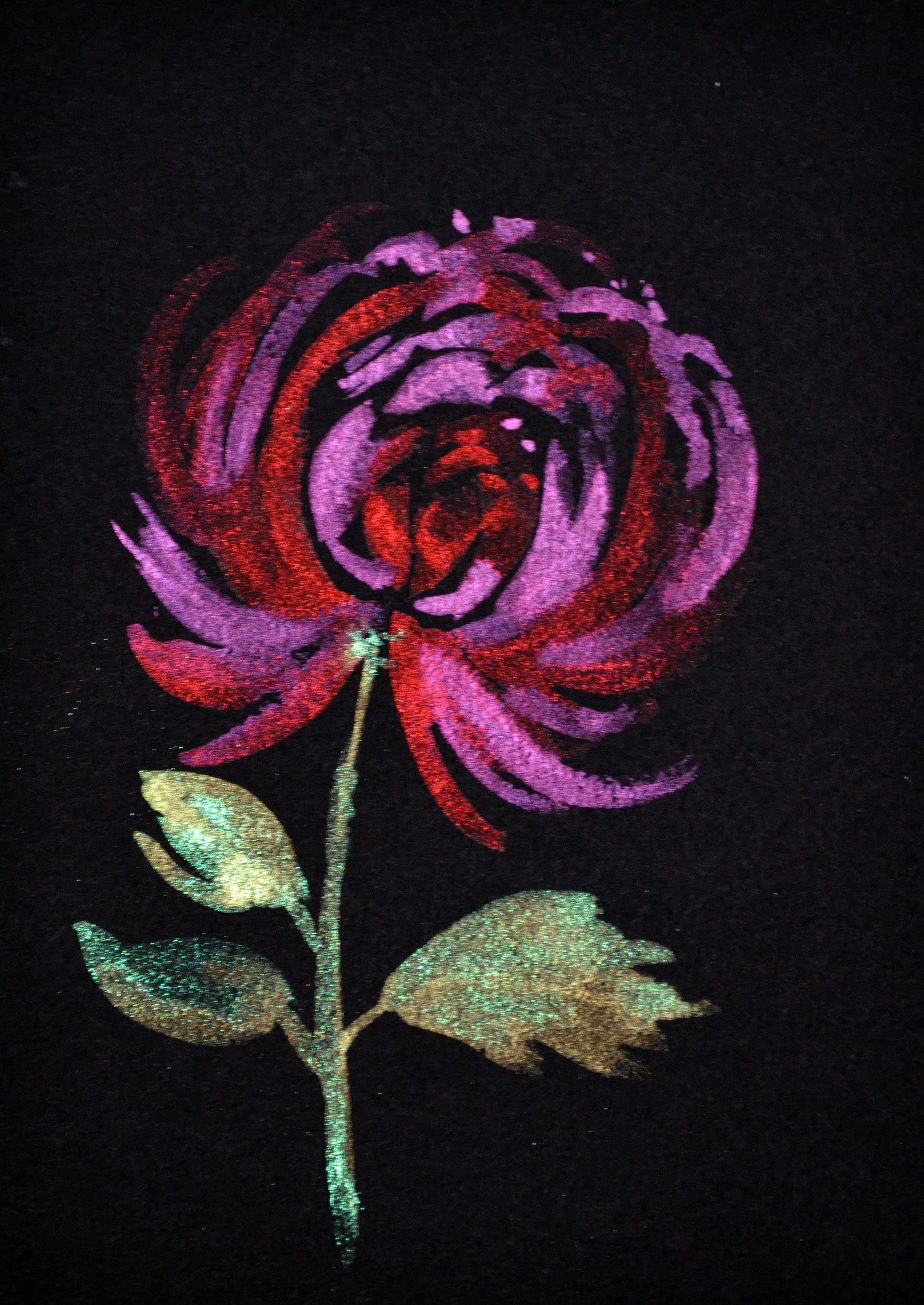 Metallic hand painted watercolor flowers on black paper set of 6