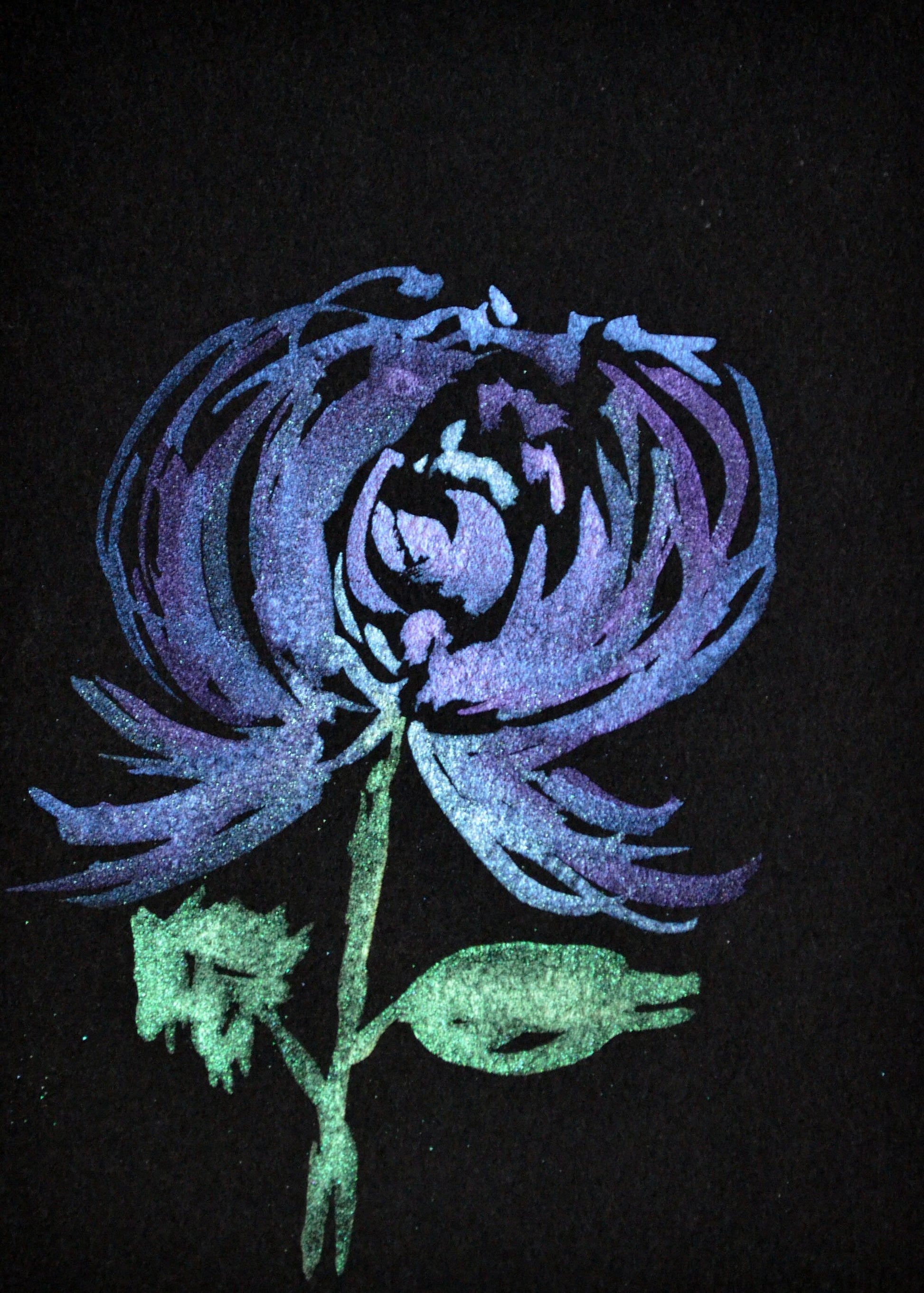 Metallic hand painted watercolor flowers on black paper set of 6