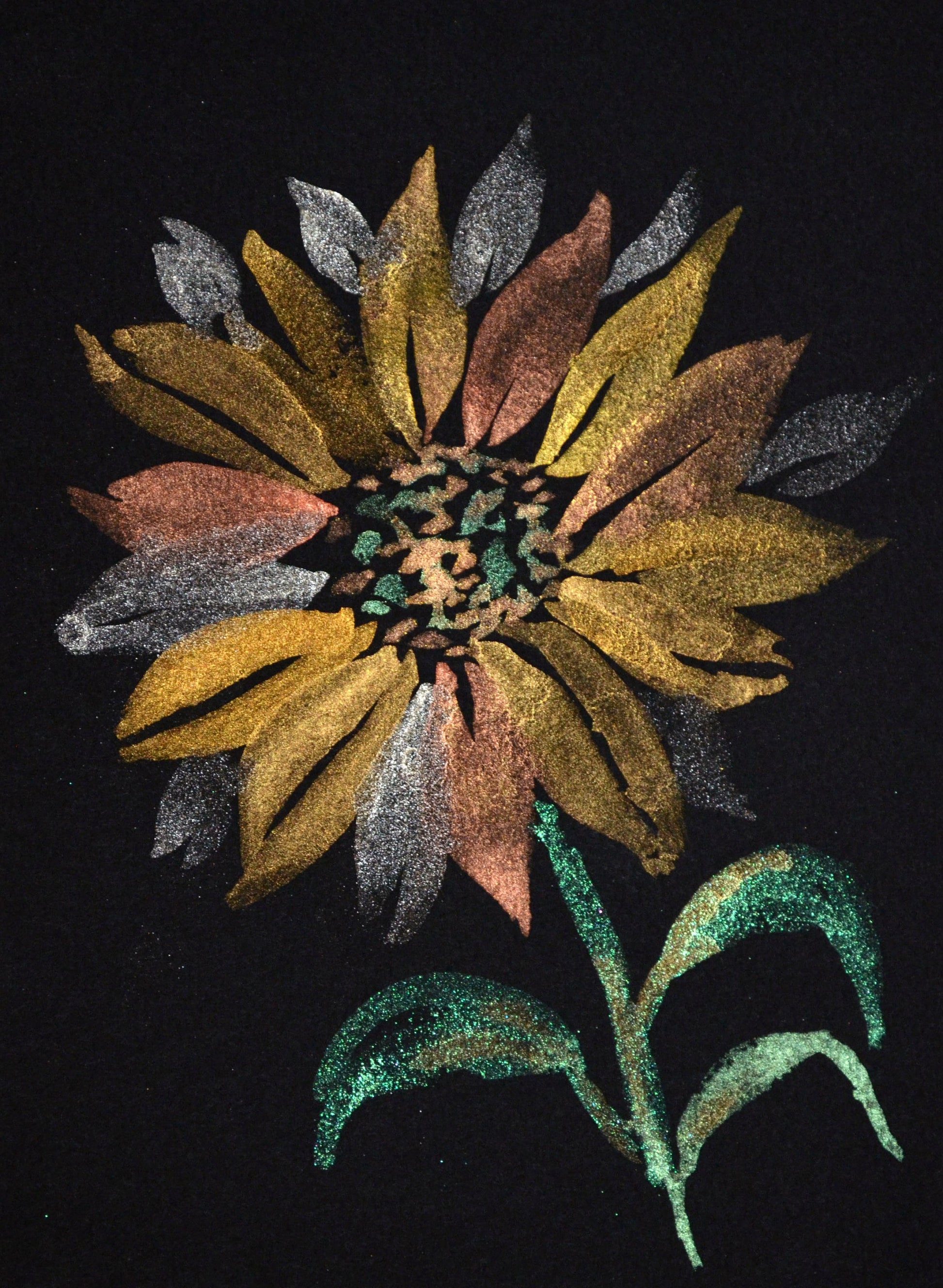 Metallic hand painted watercolor flowers on black paper set of 6