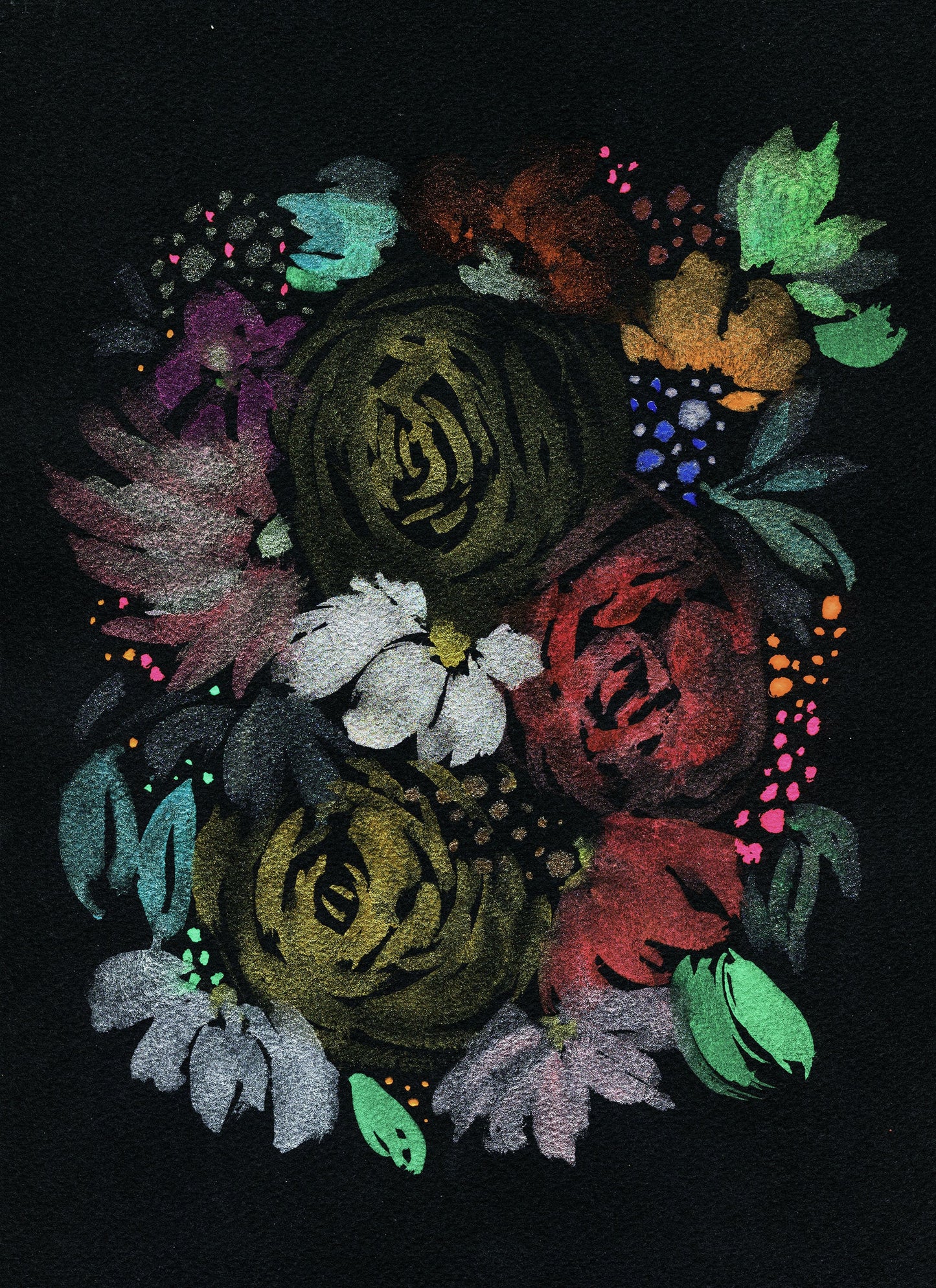 Metallic watercolor painting of various flowers on a black background, hand painted original artwork.