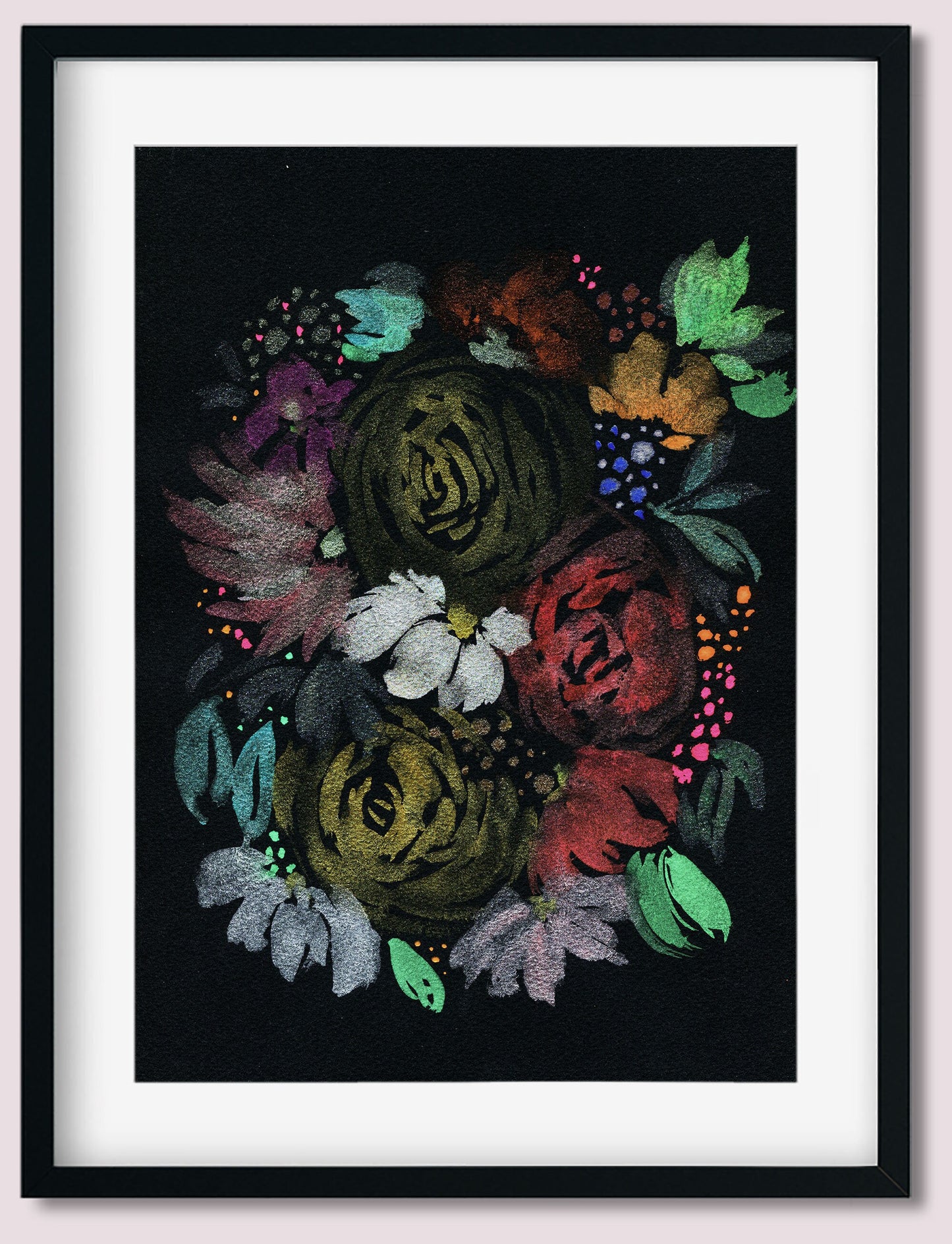 Metallic watercolor painting of flowers on black paper