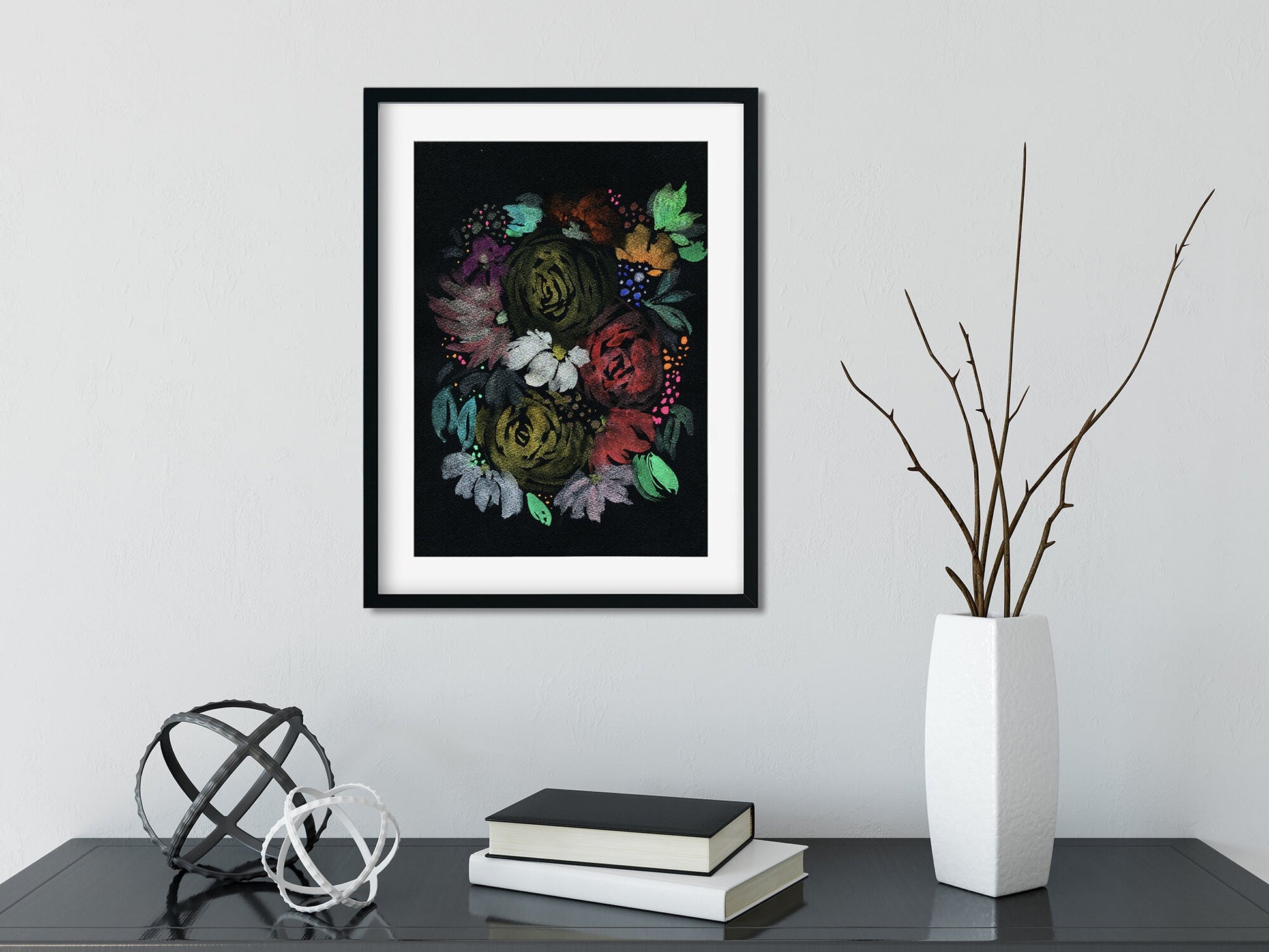 Metallic watercolor painting of flowers on black paper