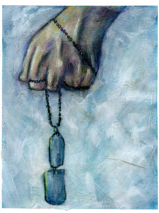 An original acrylic and charcoal painting of a hand holding a military dog tag, with a focus on the tag's charm and detail.