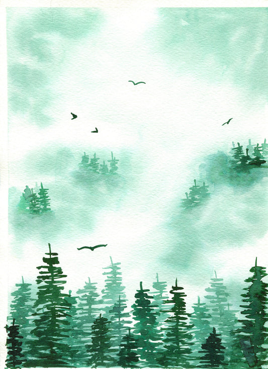 A watercolor painting depicting a green, foggy forest landscape with birds in flight among the trees.