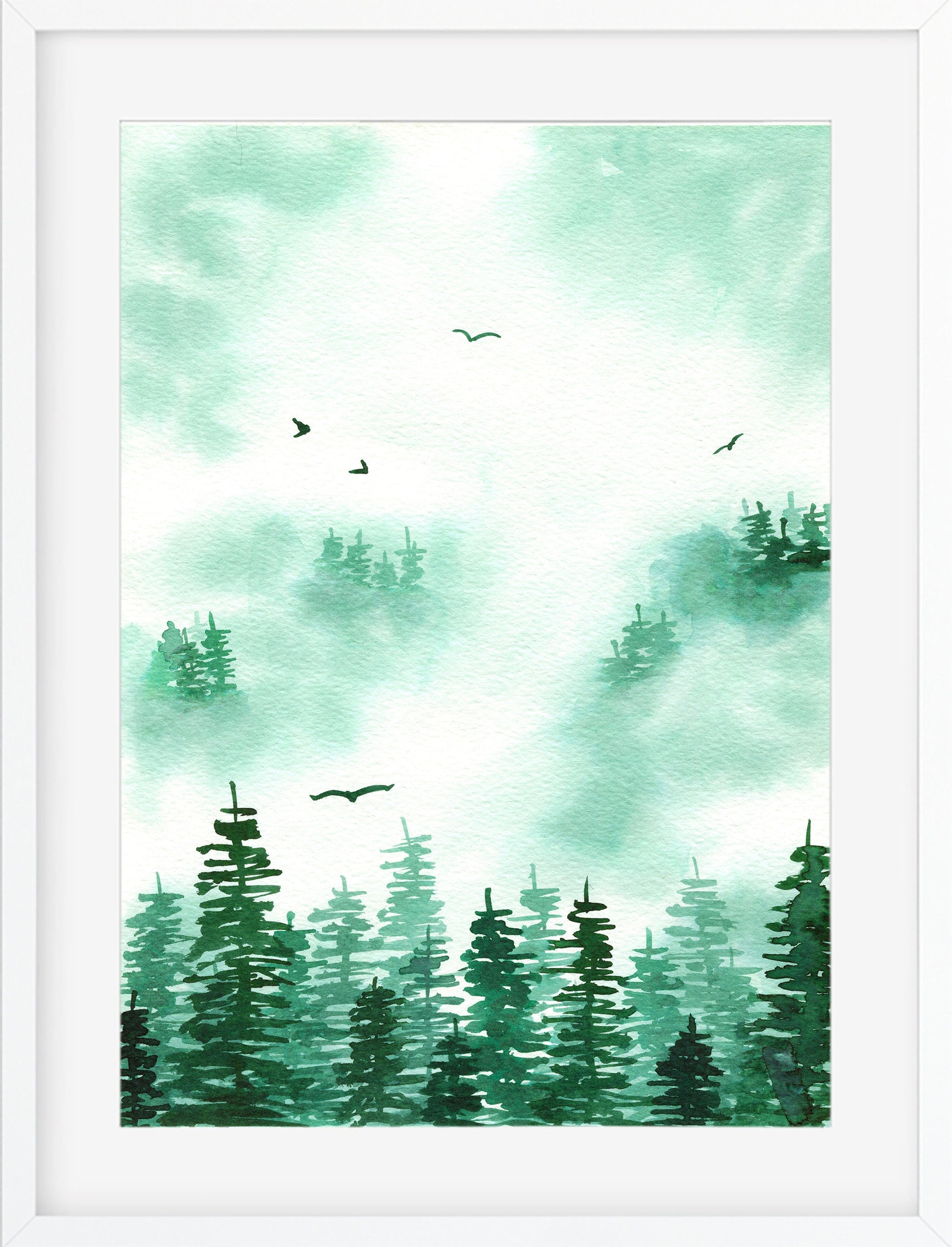 Misty foggy green forest watercolor painting 9x12