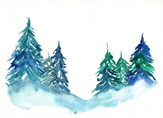 A watercolor painting of misty pine trees in a winter landscape, without a frame.
