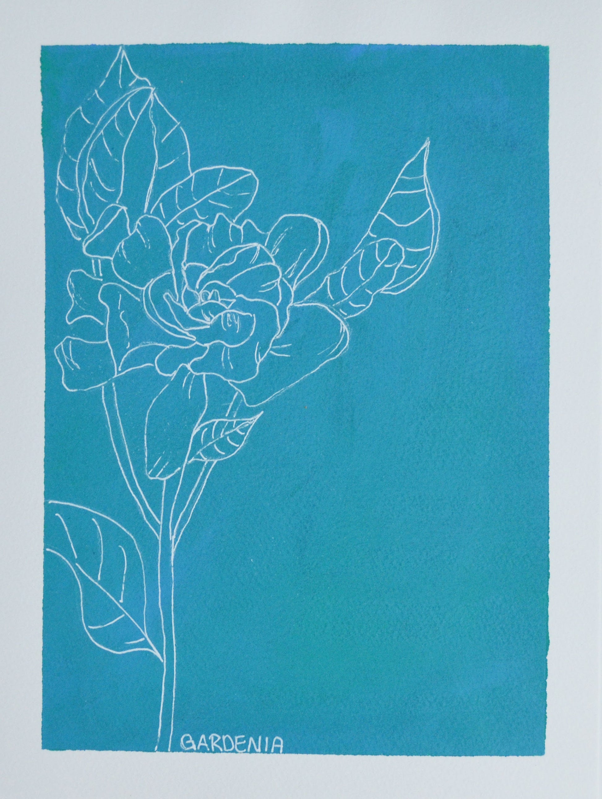 Modern gardenia line drawing on acrylic painting 9x12 - carved effects