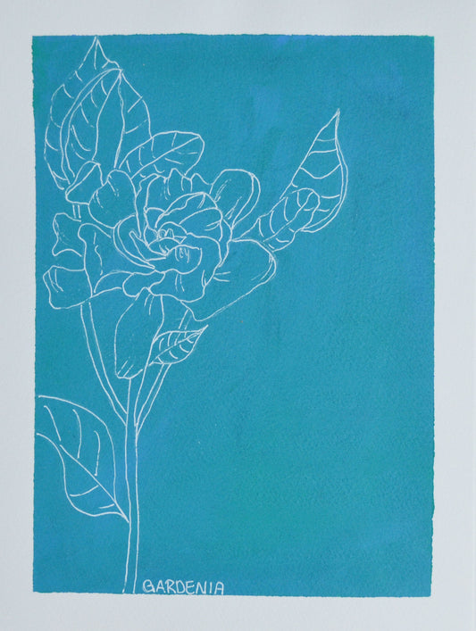 Modern gardenia line drawing on acrylic painting 9x12 - carved effects