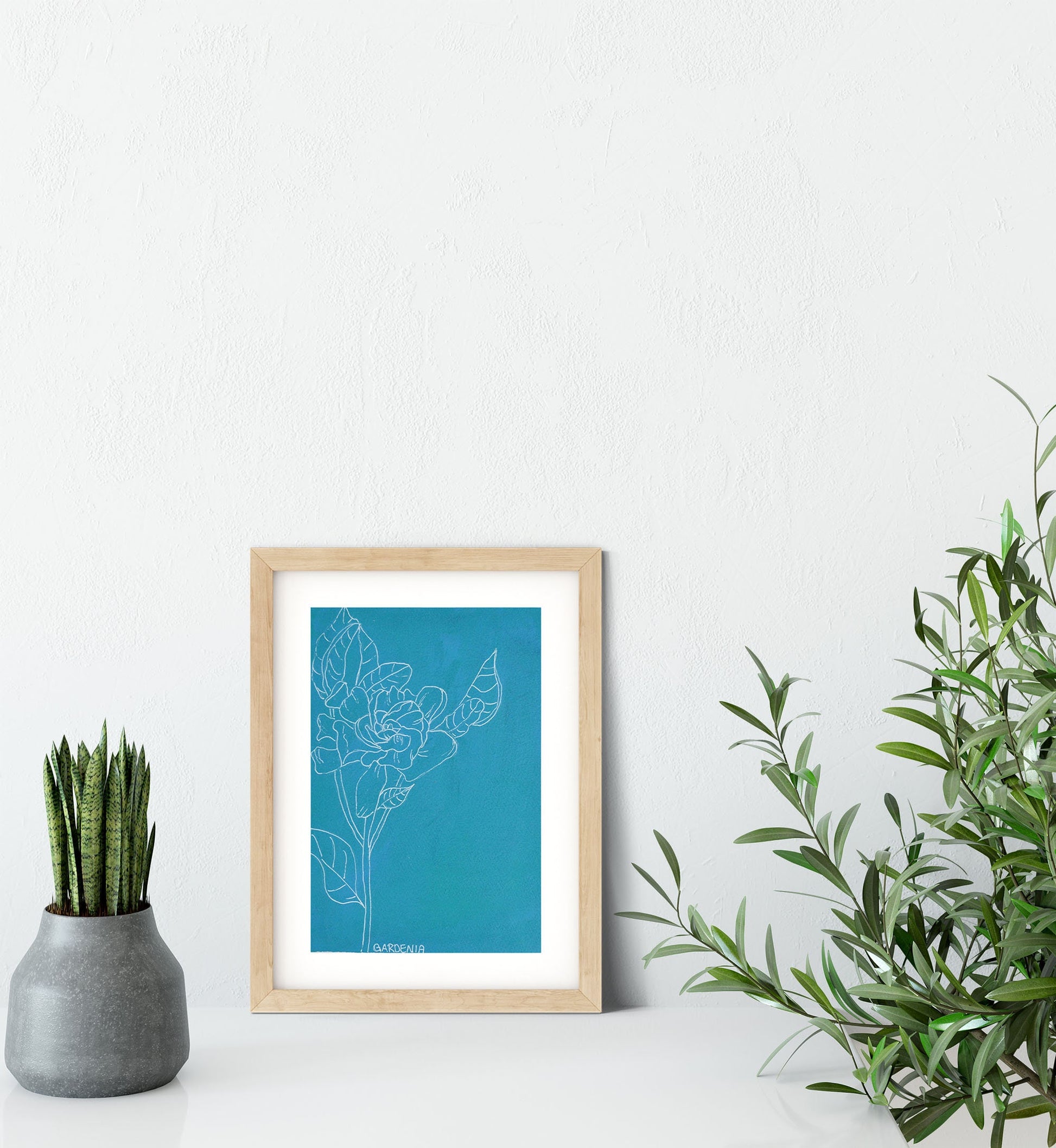 Modern gardenia line drawing on acrylic painting 9x12 - carved effects