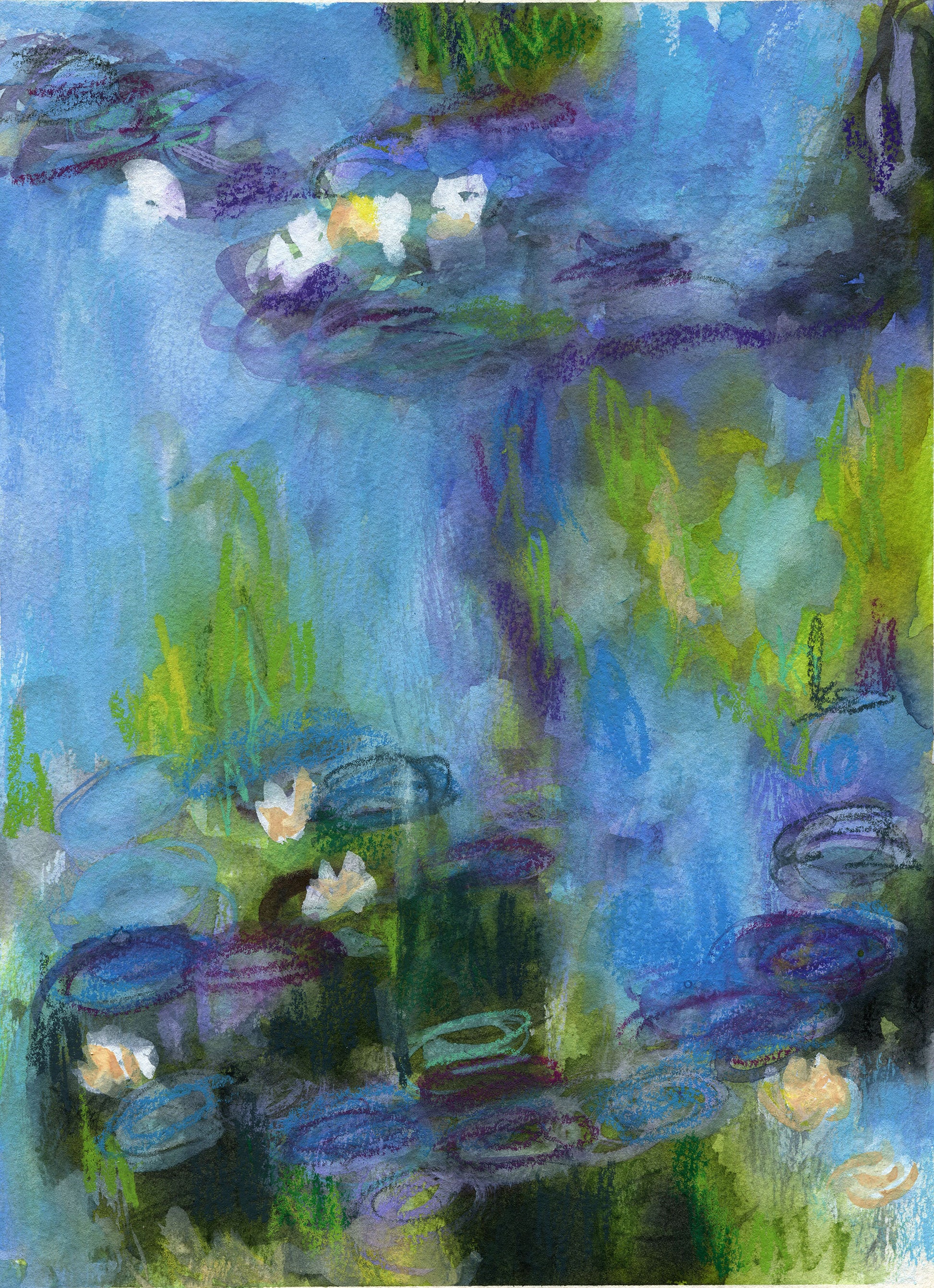 Artistic depiction of water lilies and lily pads on a pond with a blue sky.