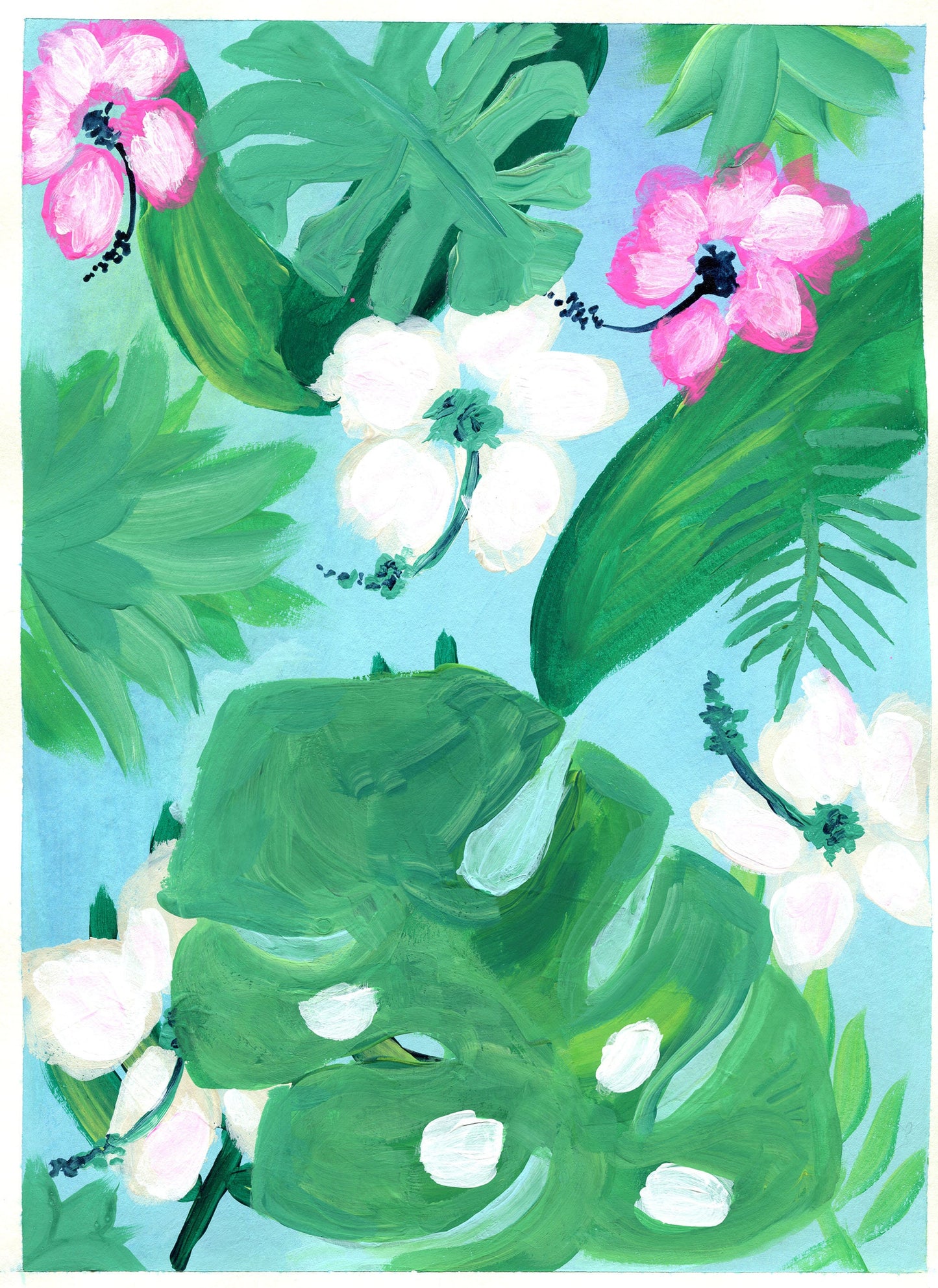 Hand painted original botanical painting of green leaves and white flowers in a gouache on watercolor paper.
