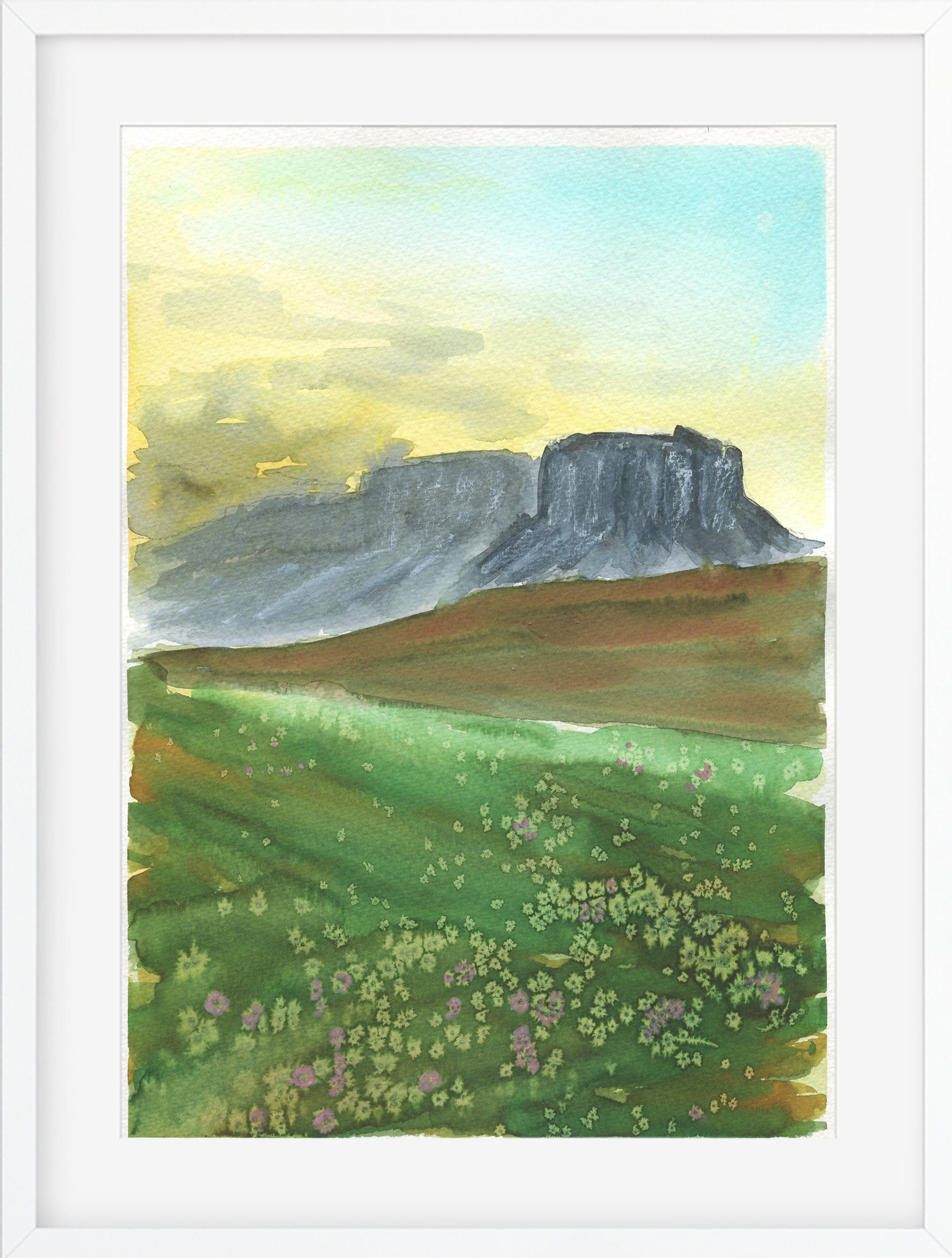 Mountain and green field landscape hand painted watercolor painting