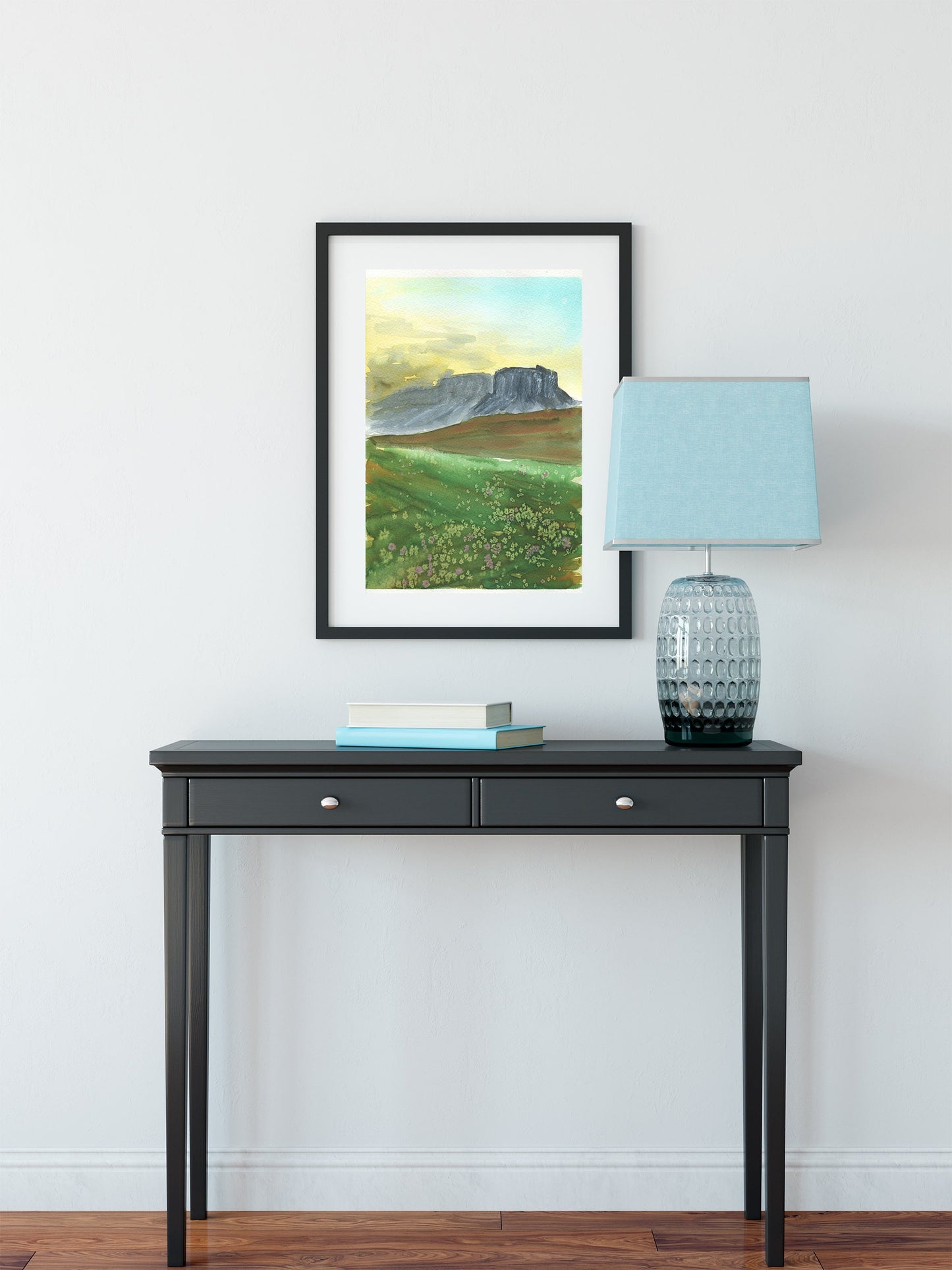 Mountain and green field landscape hand painted watercolor painting