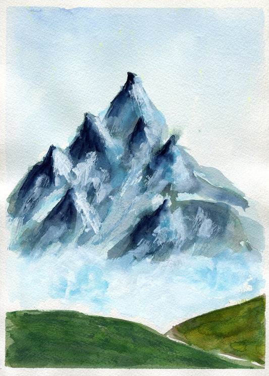 A hand-painted watercolor painting depicting a mountain and green field landscape, without a frame.