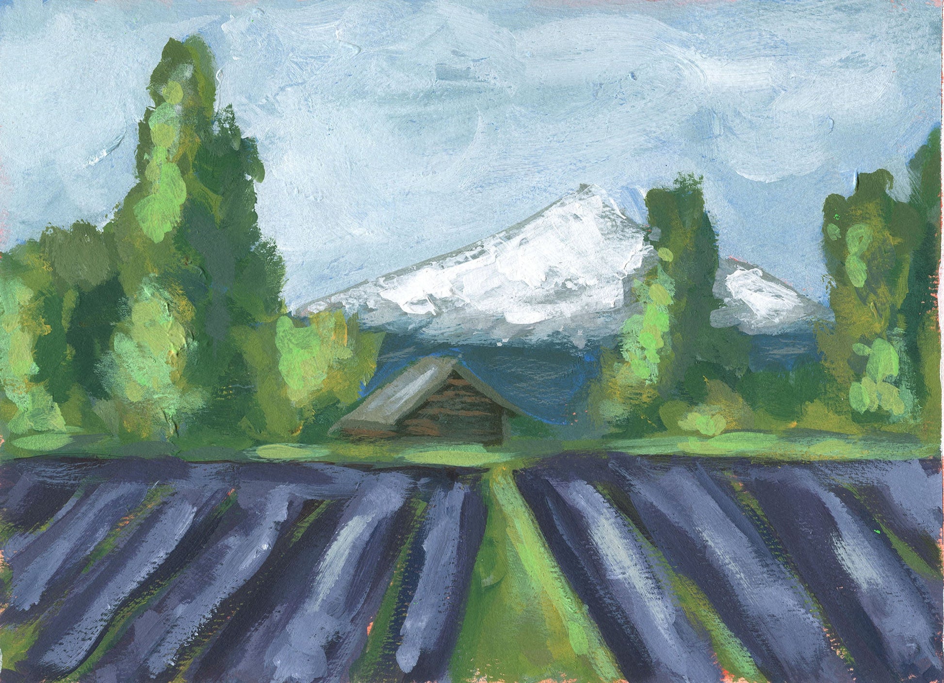 A hand painted acrylic painting depicting a landscape with a mountain and a lavender field.