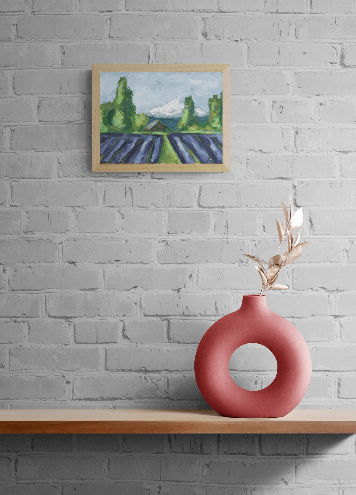 Mt Hood and lavender field landscape hand painted acrylic painting