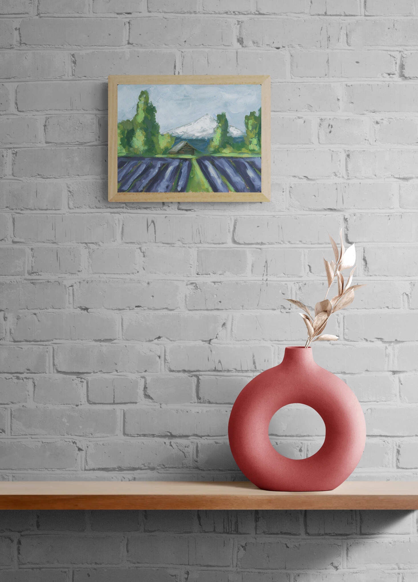 Mt Hood and lavender field landscape hand painted acrylic painting