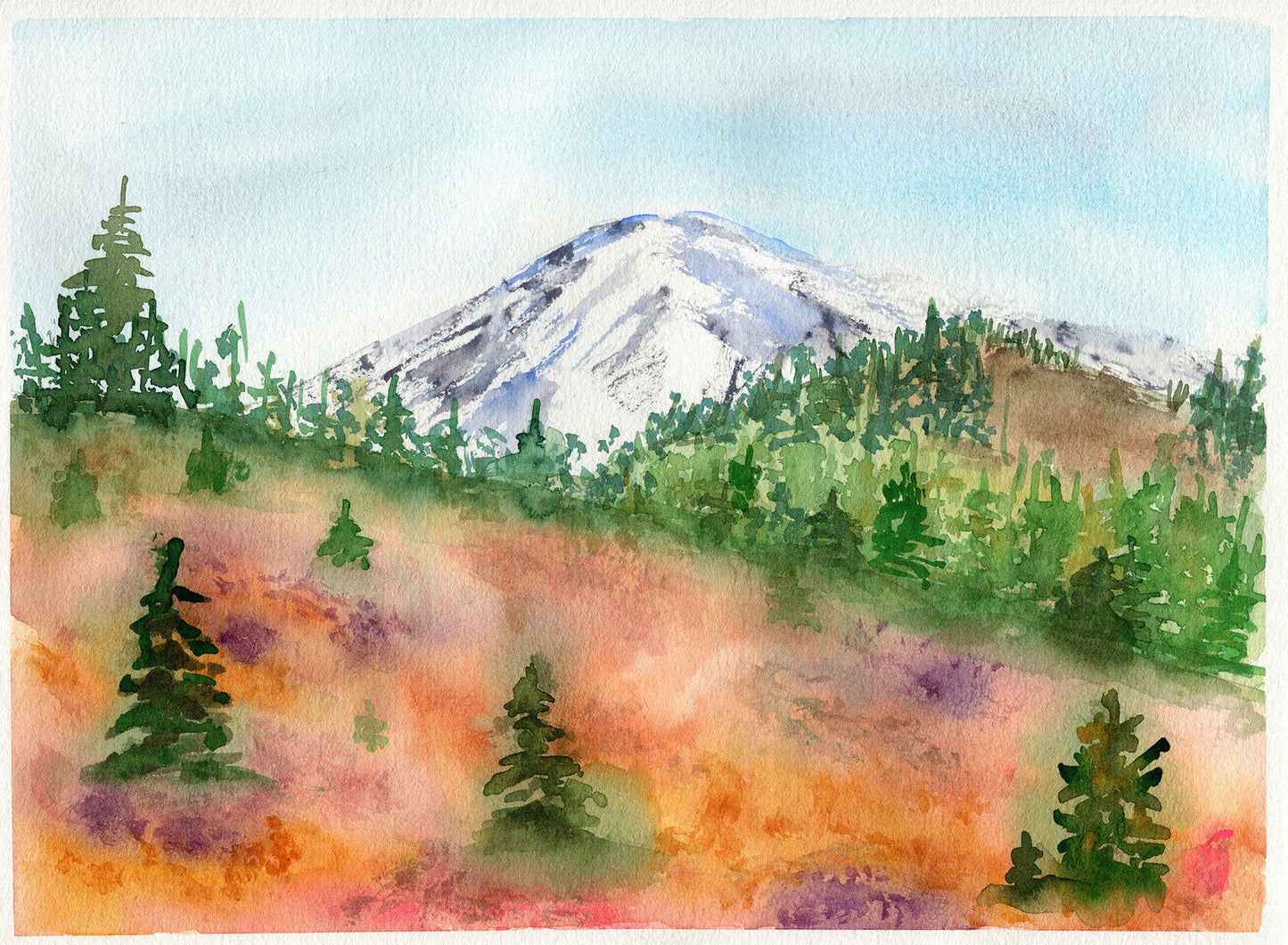 Watercolor painting of a mountain with trees and colorful landscape