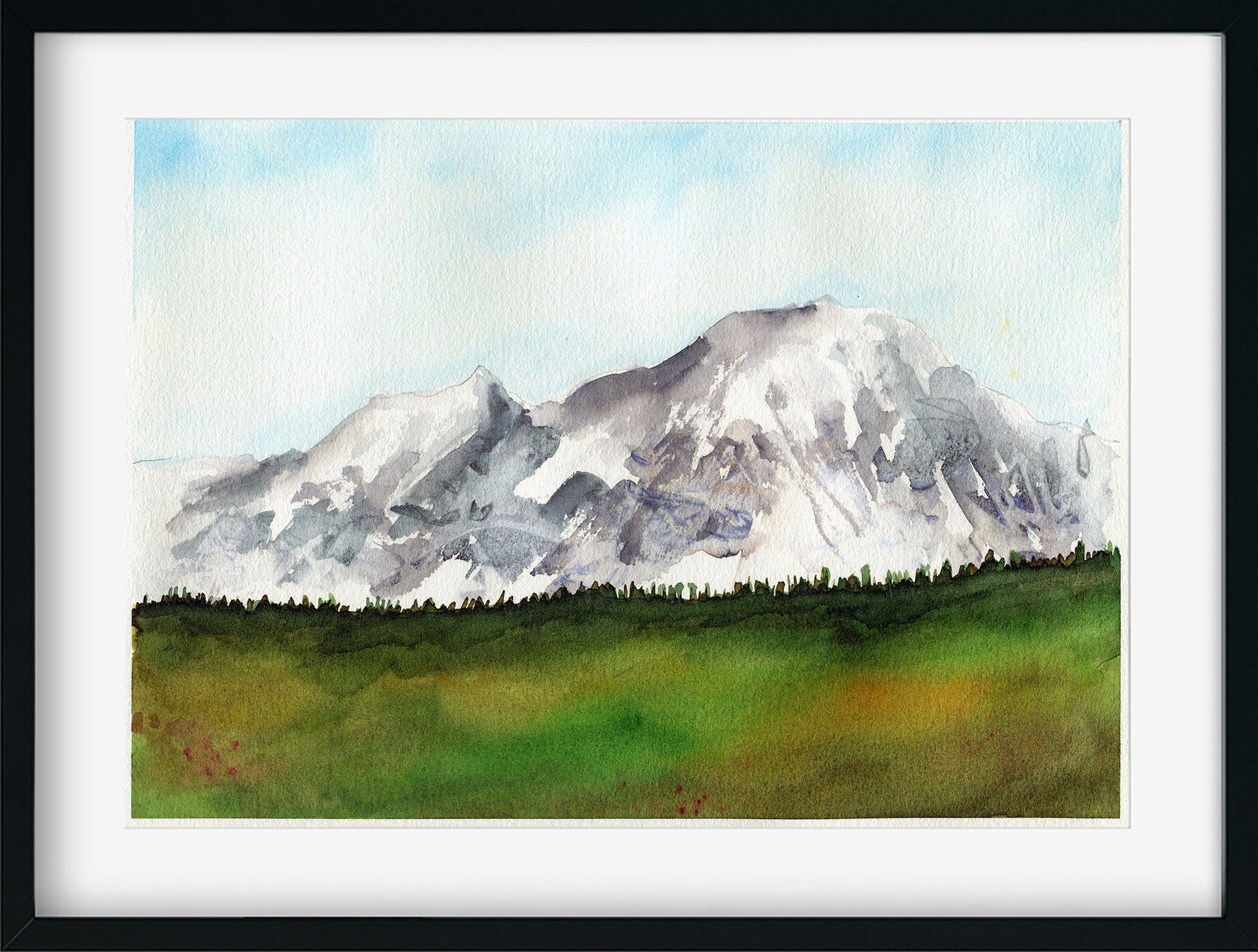 Framed watercolor painting of a mountain landscape with green fields and blue sky.